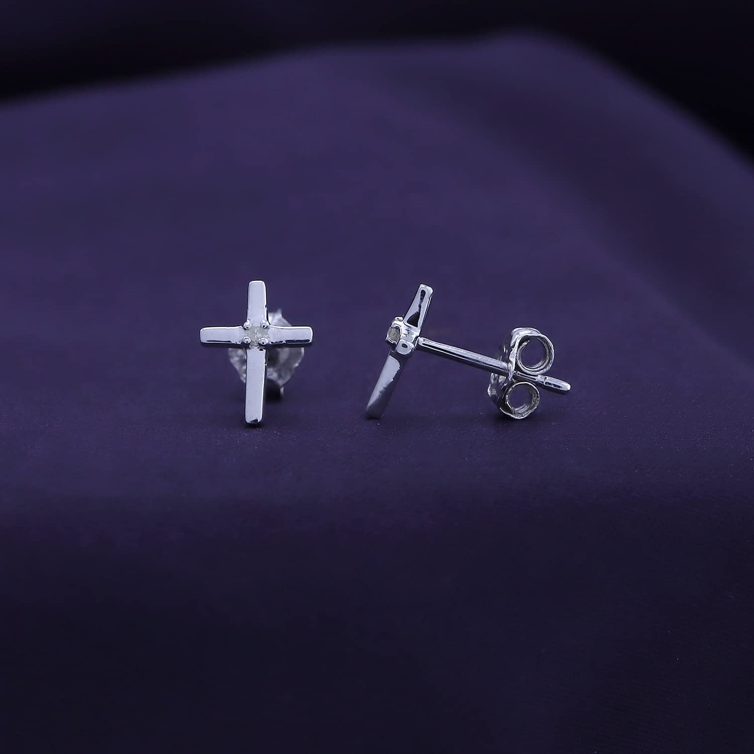 Natural White Diamond Cross Stud Earrings For Women's In 14K Gold Over Sterling Silver (0.02 Cttw, I2-I3 Clarity)