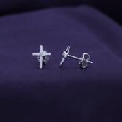 Natural White Diamond Cross Stud Earrings For Women's In 14K Gold Over Sterling Silver (0.02 Cttw, I2-I3 Clarity)