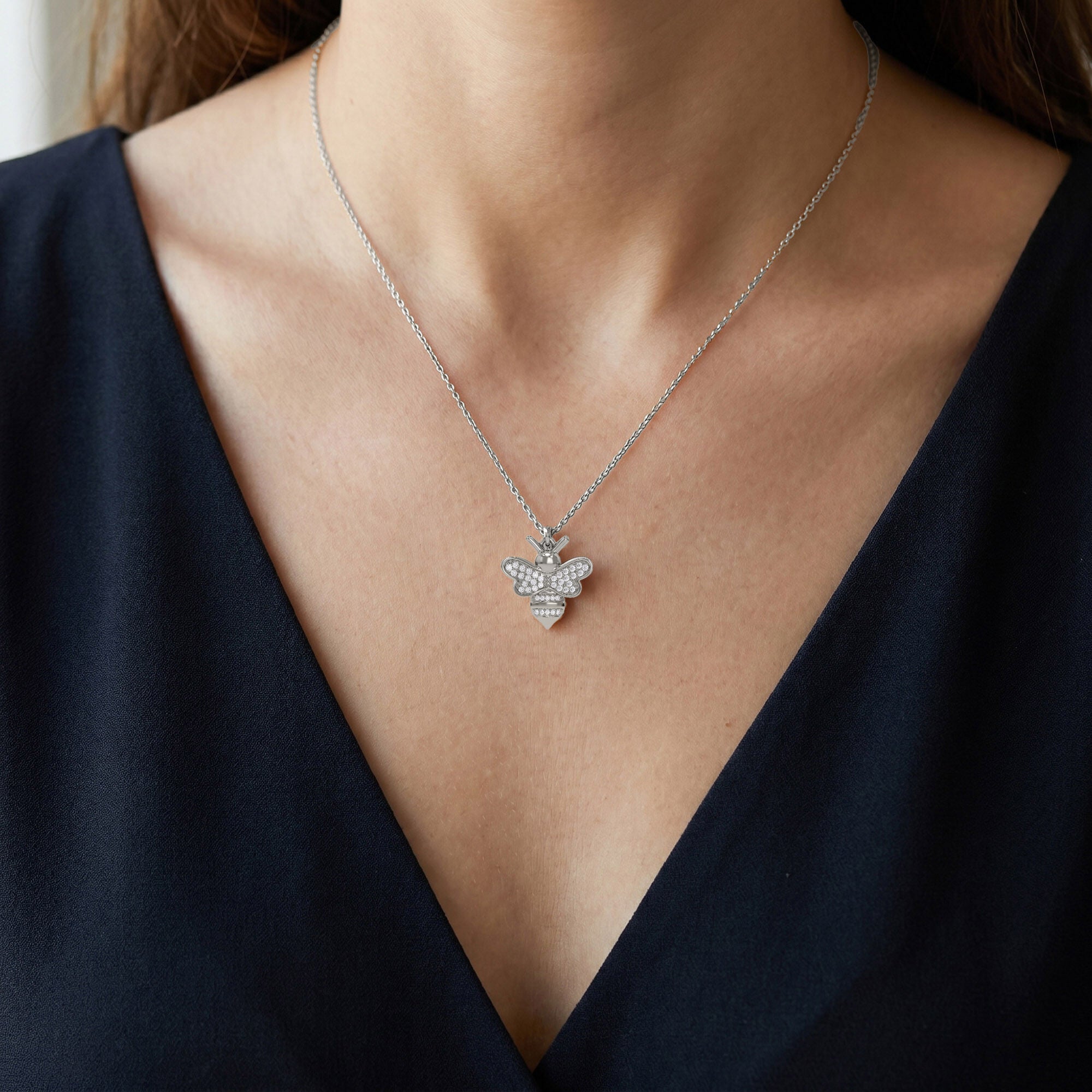 Bee Bumblebee White Cubic Zirconia Pendant Necklace