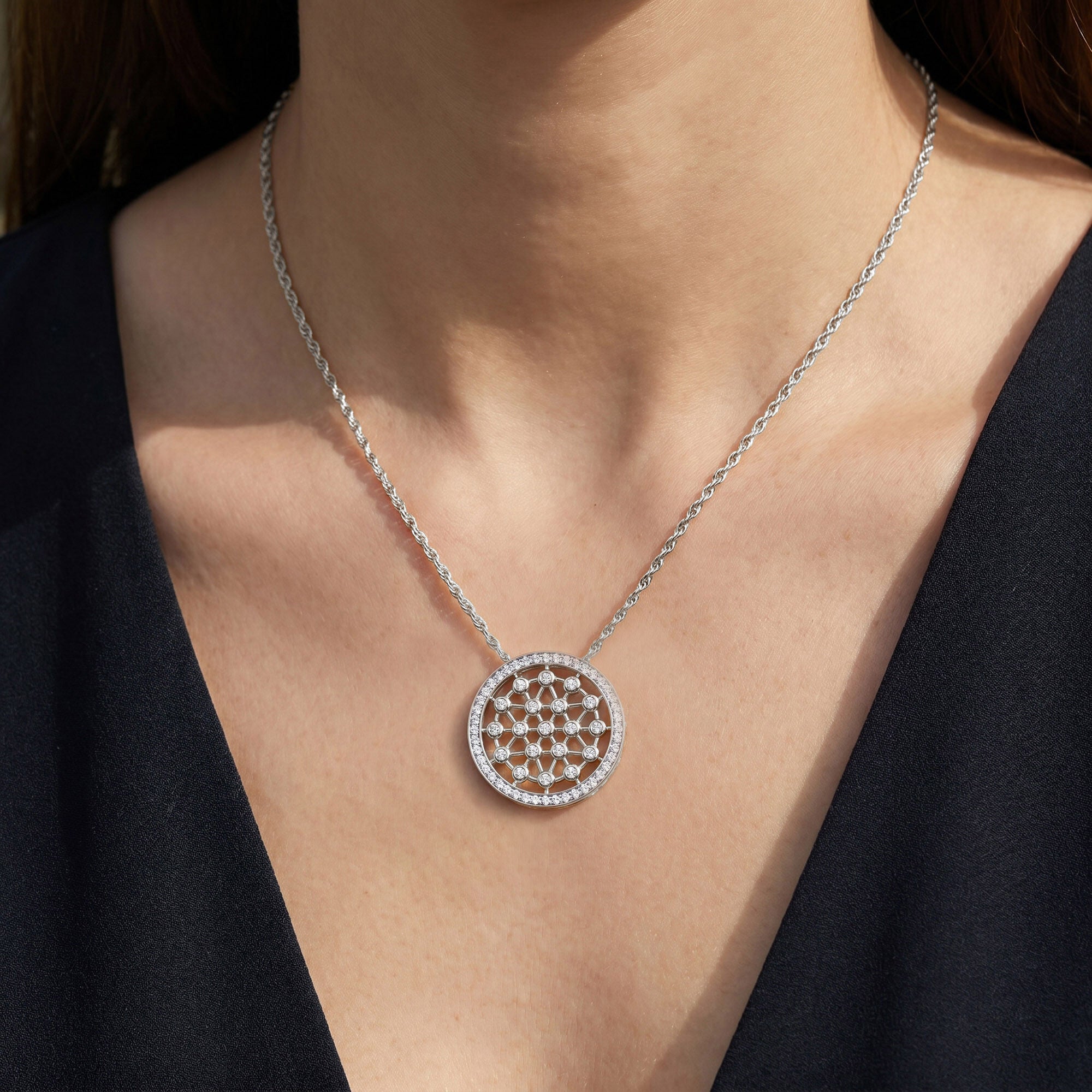 Medallion Lattice Circle of Life White Cubic Zirconia Pendant Necklace