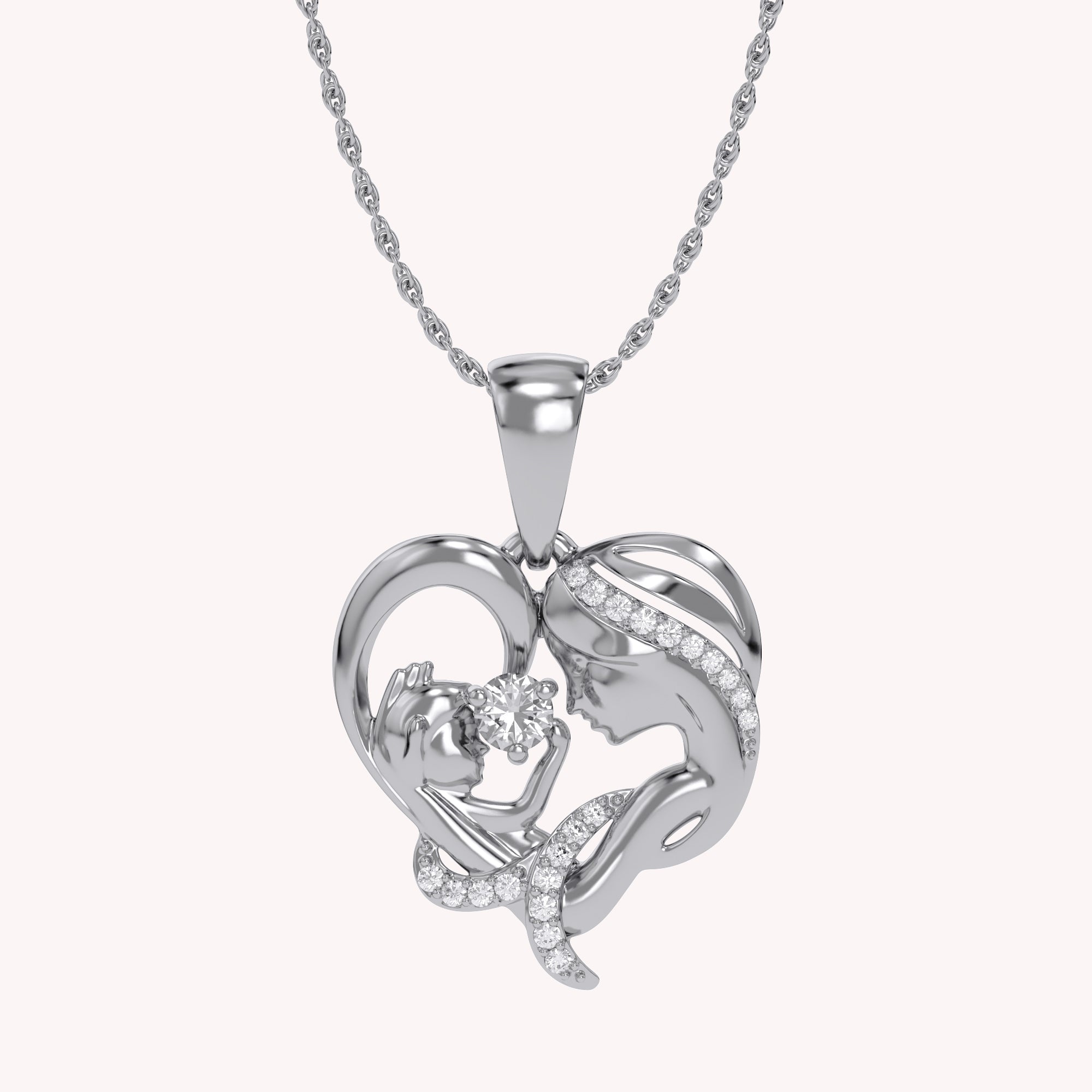 Mother And Child Heart Pendant Necklace Sterling Silver