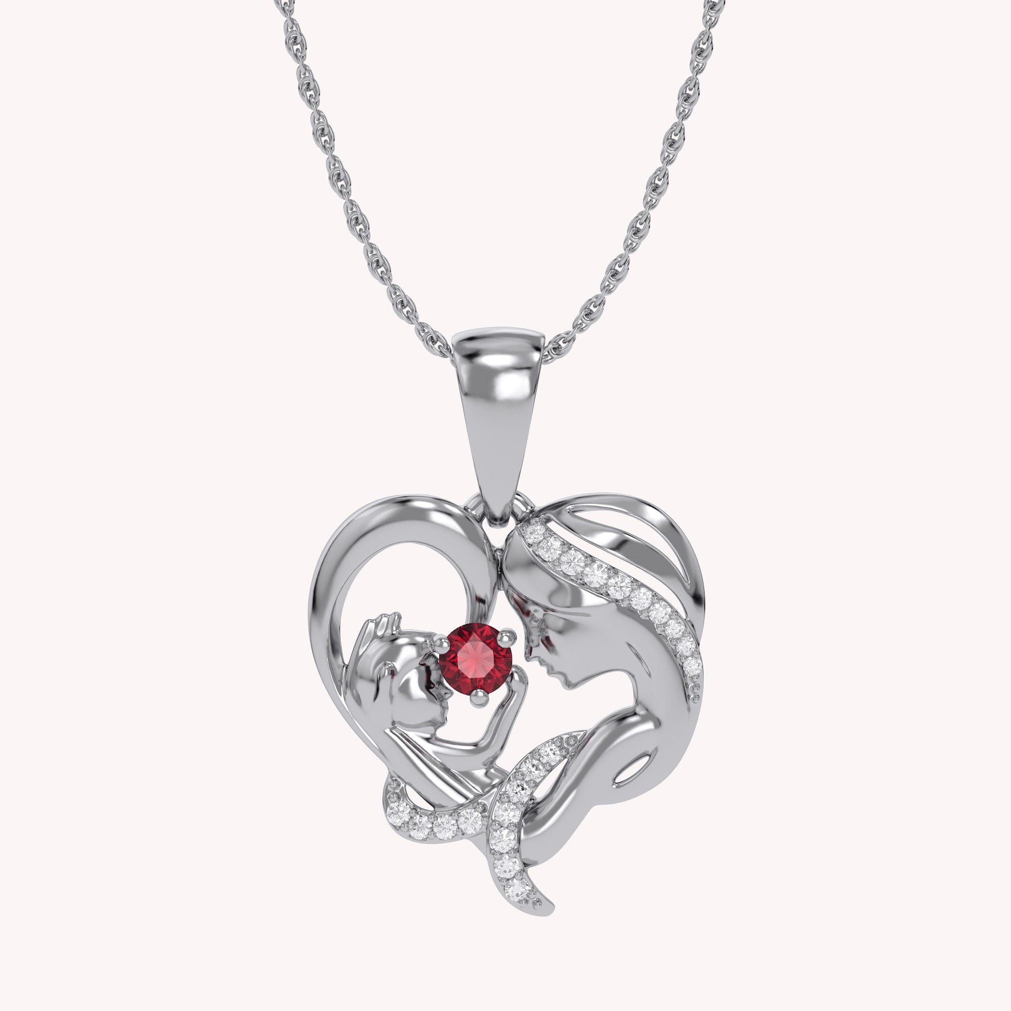 Mother And Child Heart Pendant Necklace Sterling Silver