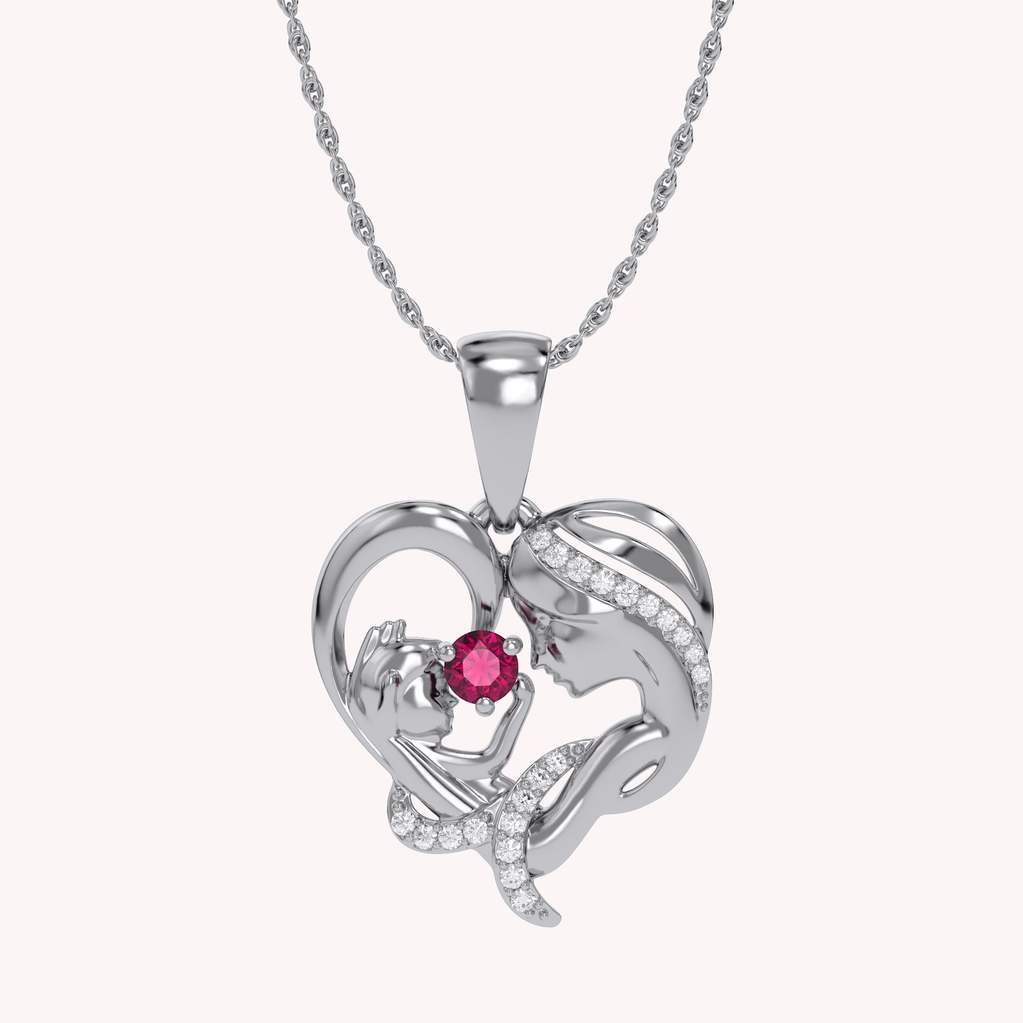 Mother And Child Heart Pendant Necklace Sterling Silver