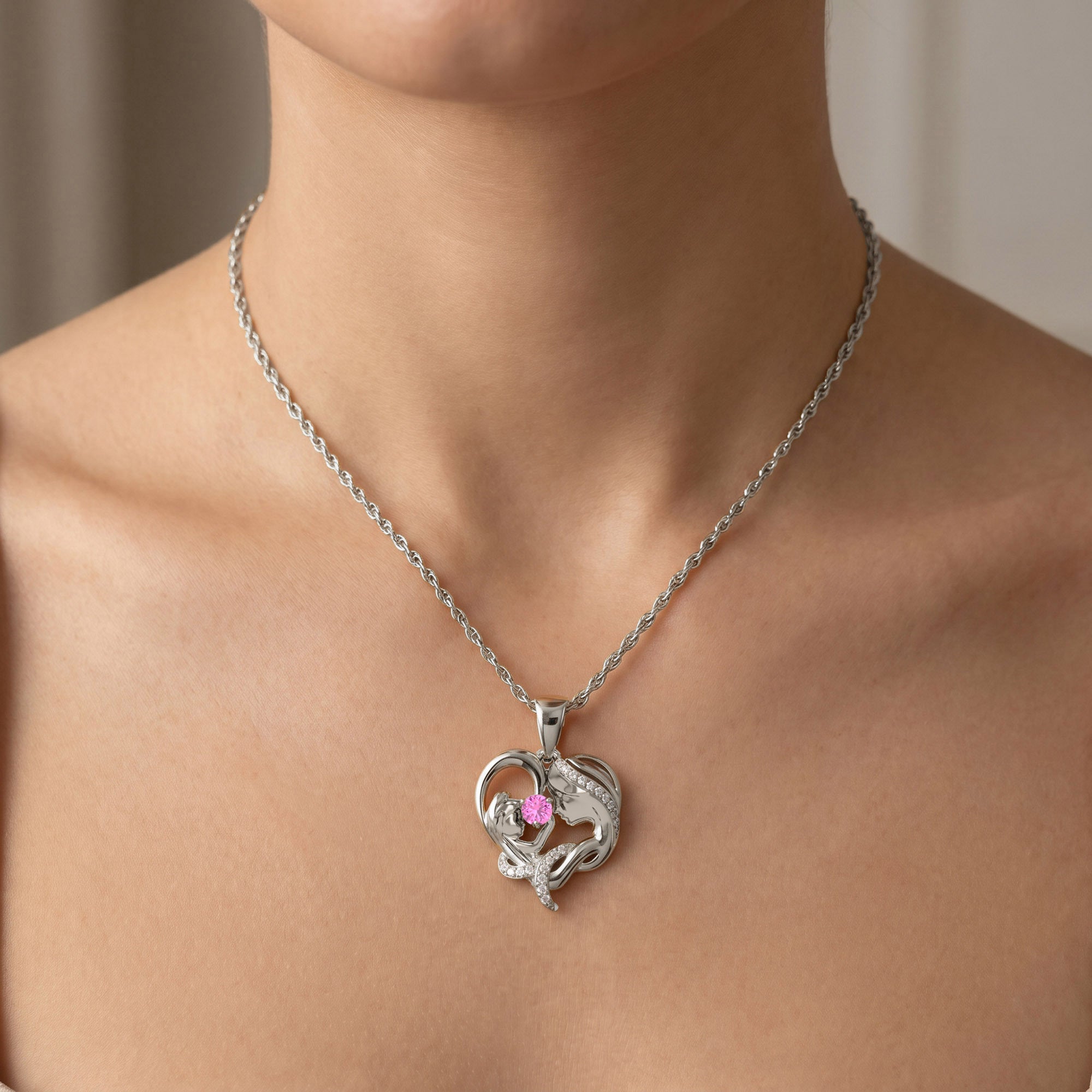 Mother And Child Heart Pendant Necklace Sterling Silver