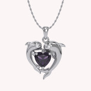 Mother And Child Dolphin Heart Pendant Necklace Sterling Silver