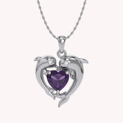 Mother And Child Dolphin Heart Pendant Necklace Sterling Silver