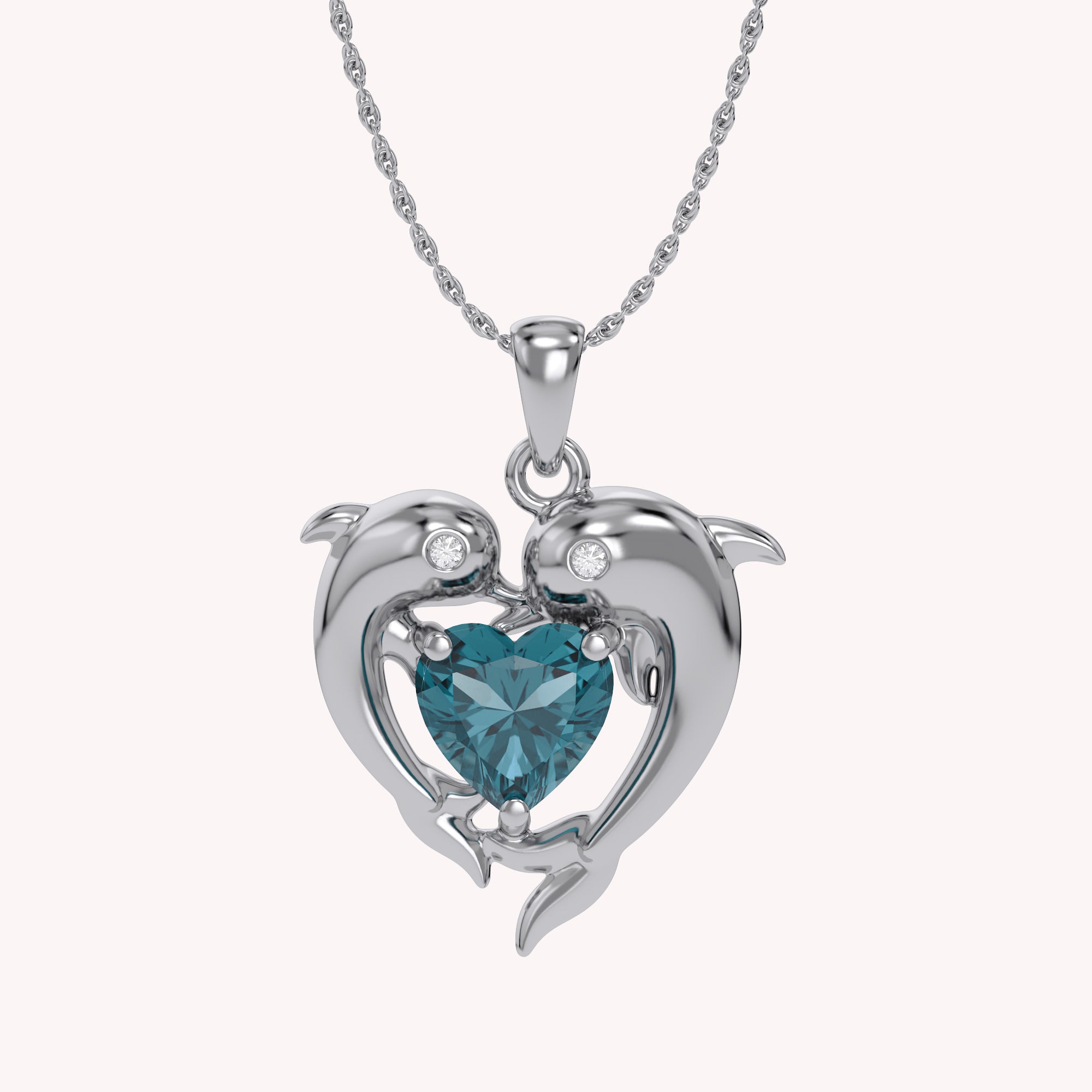 Mother And Child Dolphin Heart Pendant Necklace Sterling Silver