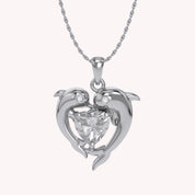 Mother And Child Dolphin Heart Pendant Necklace Sterling Silver