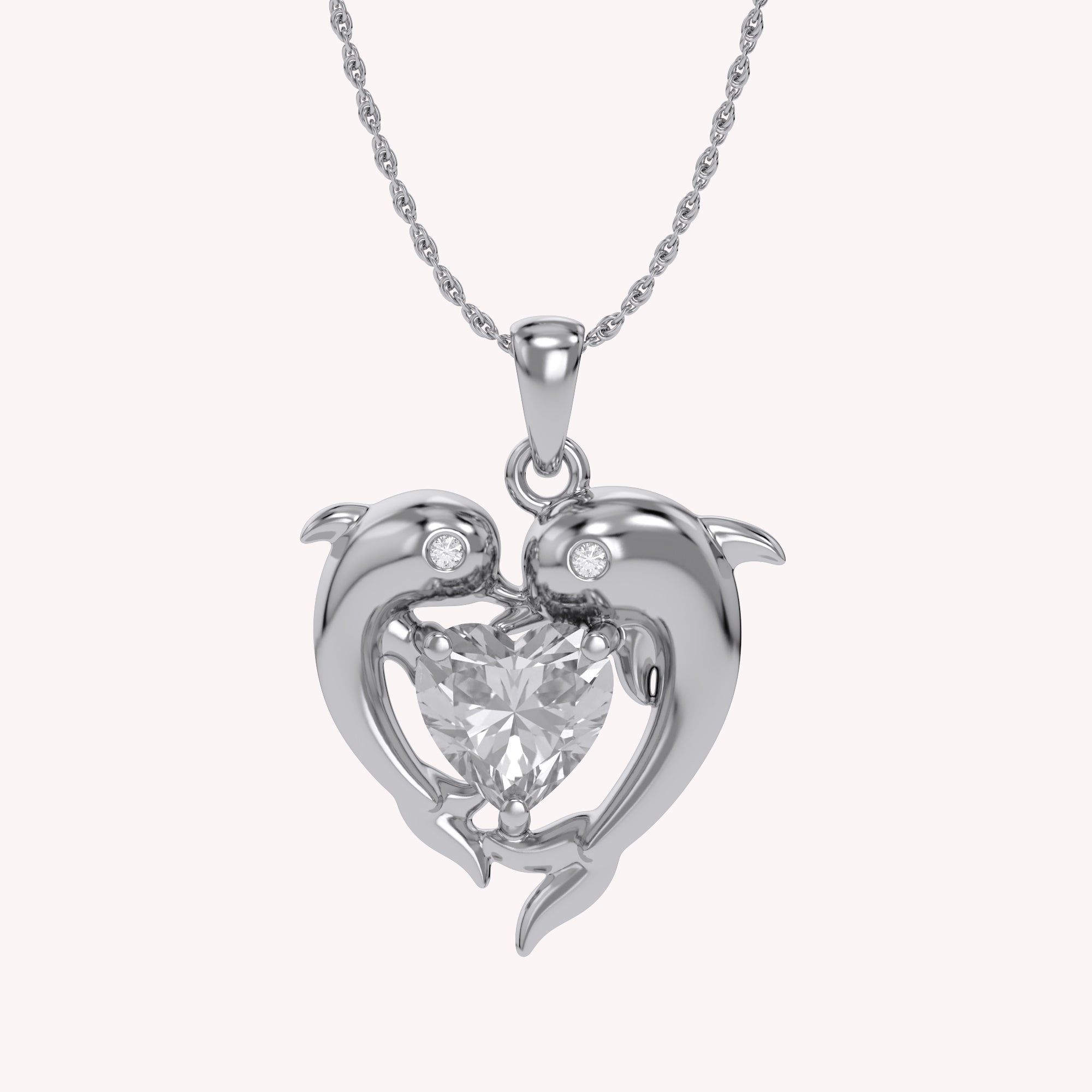 Mother And Child Dolphin Heart Pendant Necklace Sterling Silver