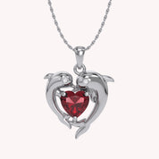 Mother And Child Dolphin Heart Pendant Necklace Sterling Silver