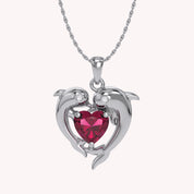 Mother And Child Dolphin Heart Pendant Necklace Sterling Silver