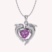 Mother And Child Dolphin Heart Pendant Necklace Sterling Silver