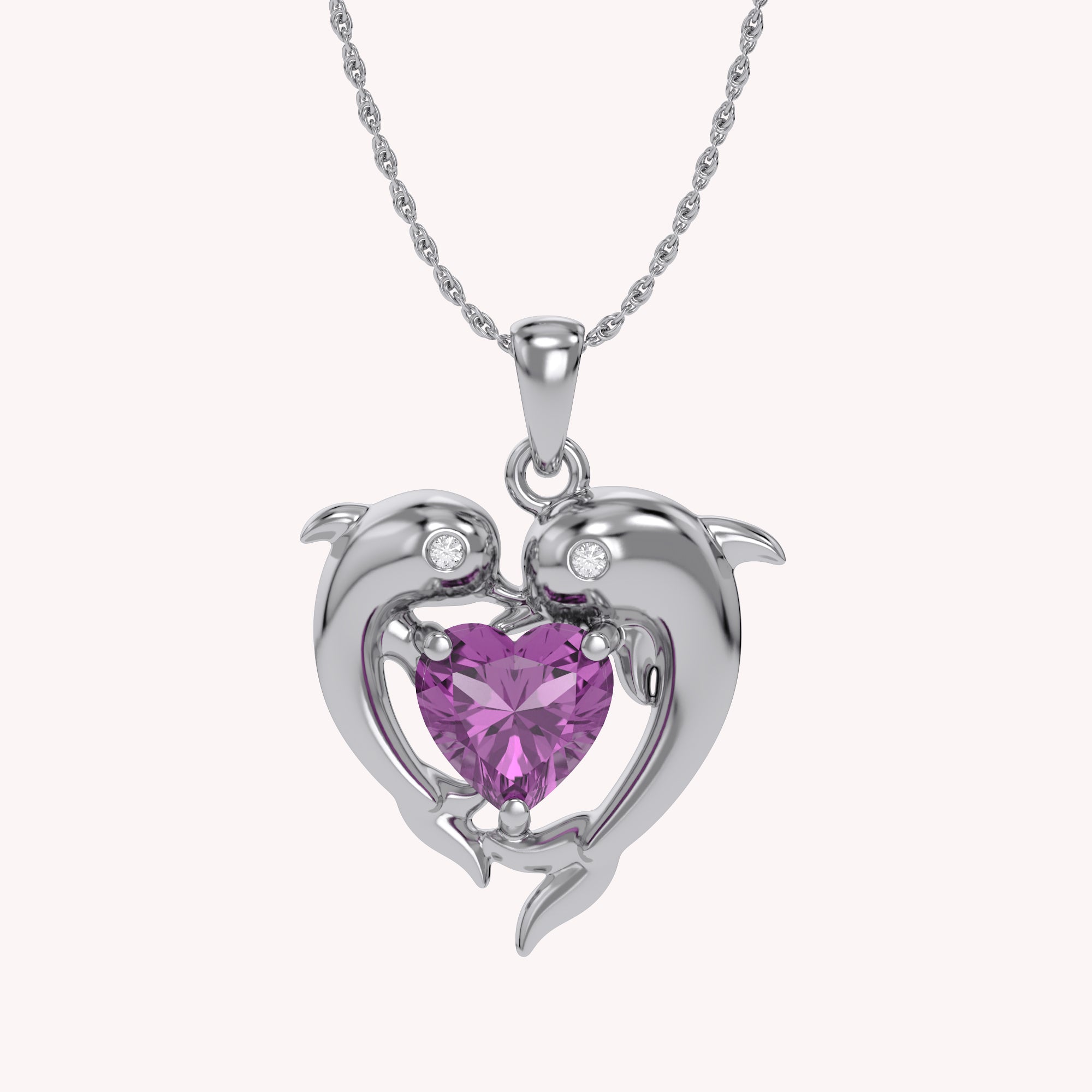 Mother And Child Dolphin Heart Pendant Necklace Sterling Silver
