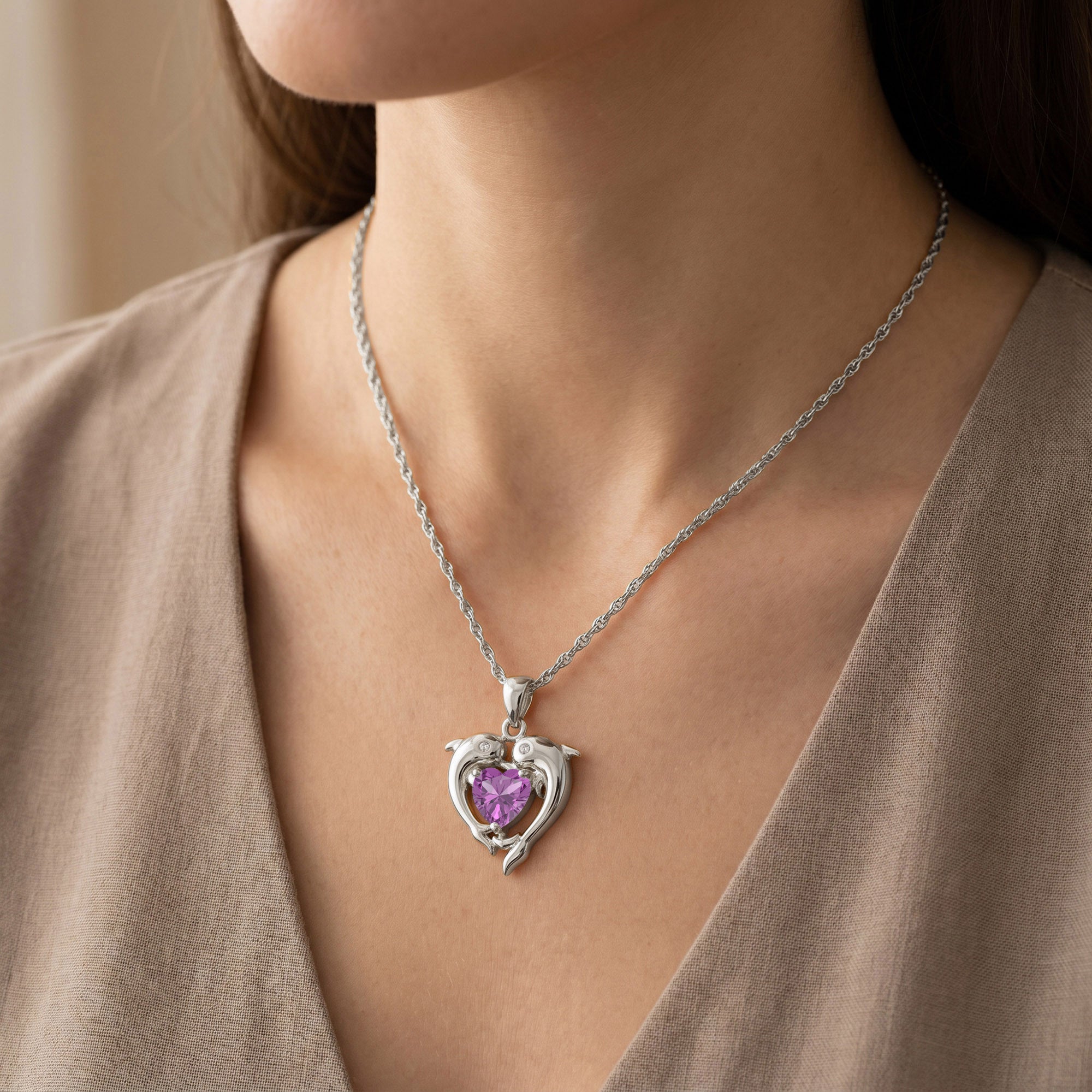 Mother And Child Dolphin Heart Pendant Necklace Sterling Silver