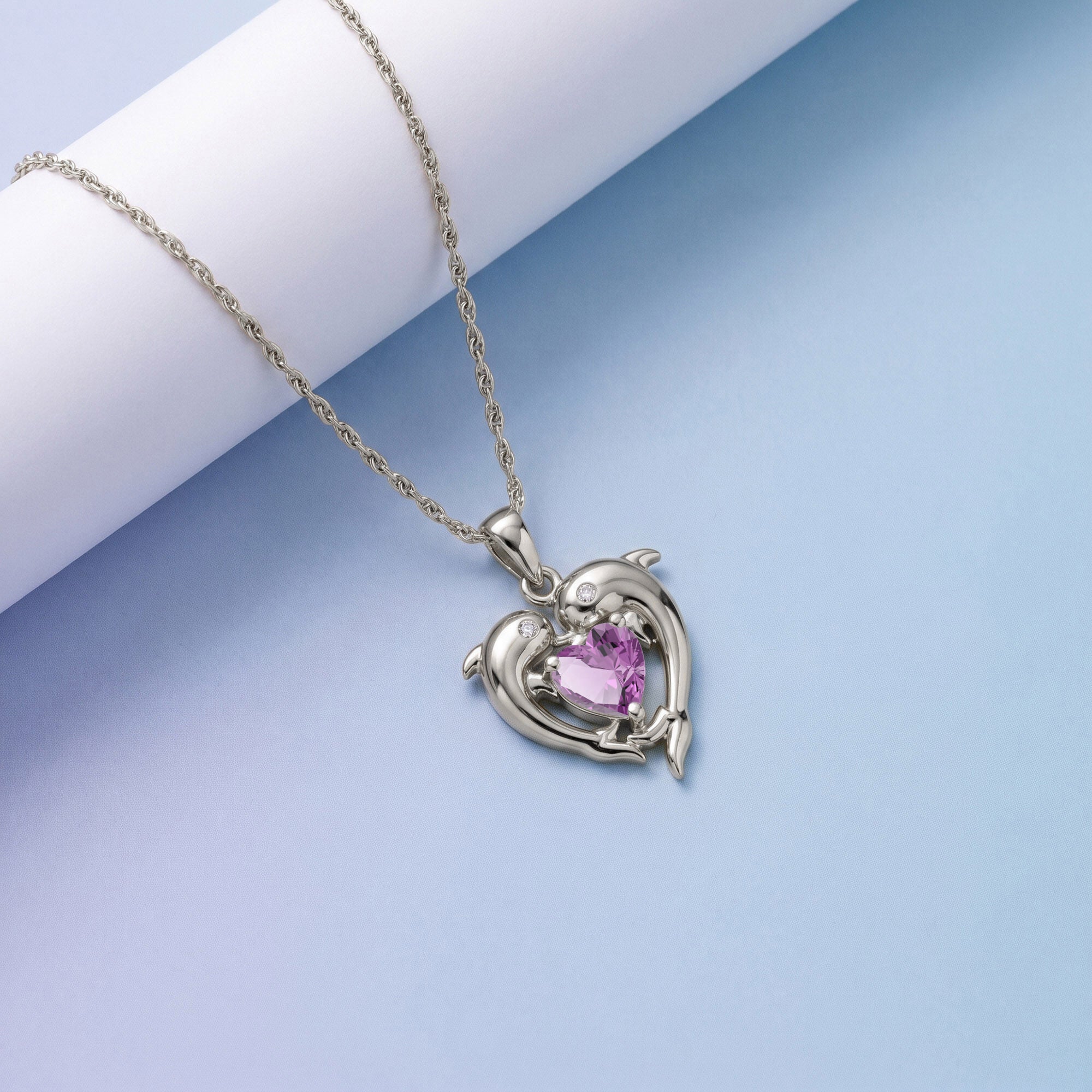 Mother And Child Dolphin Heart Pendant Necklace Sterling Silver