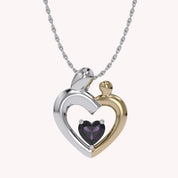 Two Tone Mom And Child Heart Pendant Necklace Sterling Silver