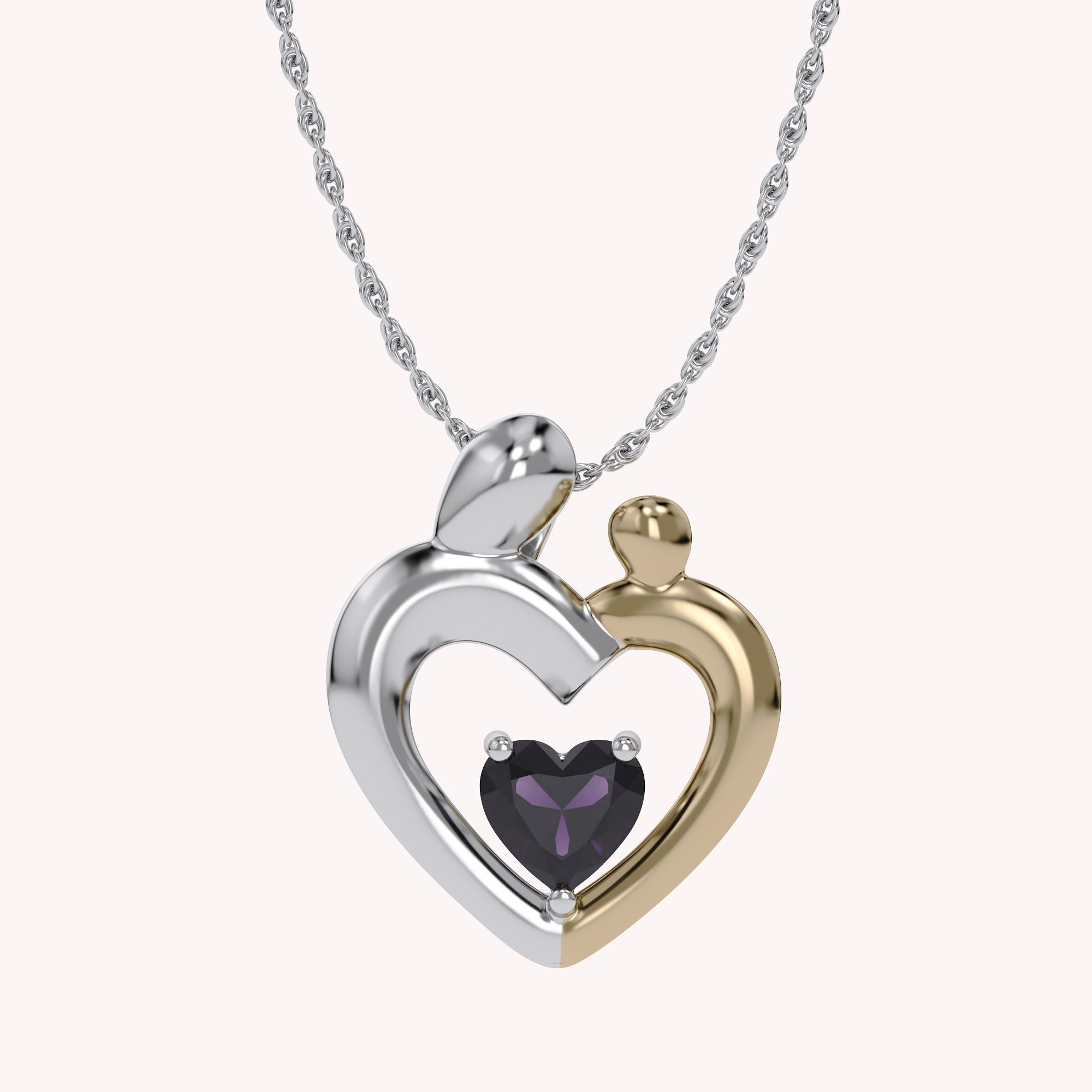 Two Tone Mom And Child Heart Pendant Necklace Sterling Silver