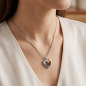 Two Tone Mom And Child Heart Pendant Necklace Sterling Silver