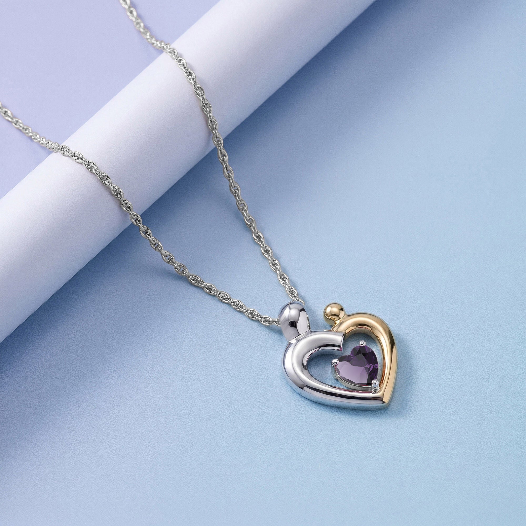 Two Tone Mom And Child Heart Pendant Necklace Sterling Silver