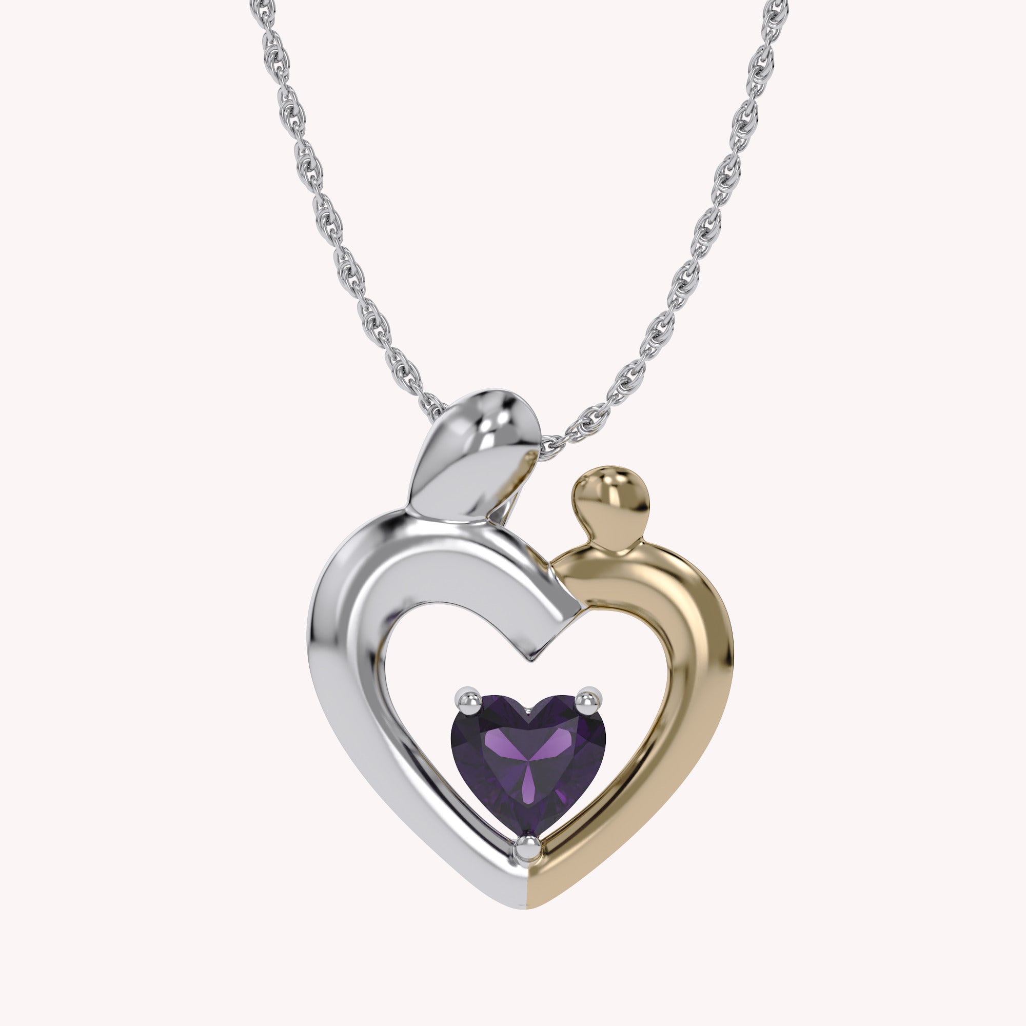 Two Tone Mom And Child Heart Pendant Necklace Sterling Silver