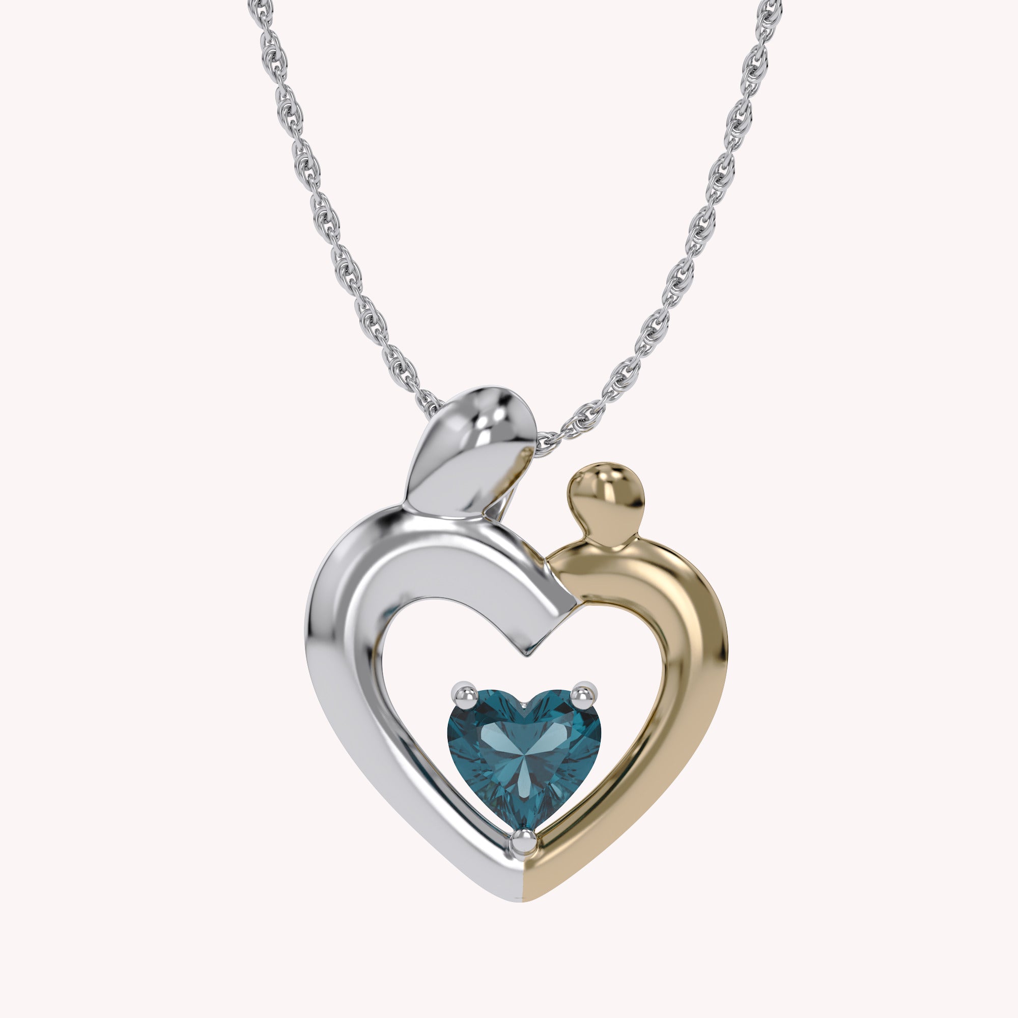 Two Tone Mom And Child Heart Pendant Necklace Sterling Silver