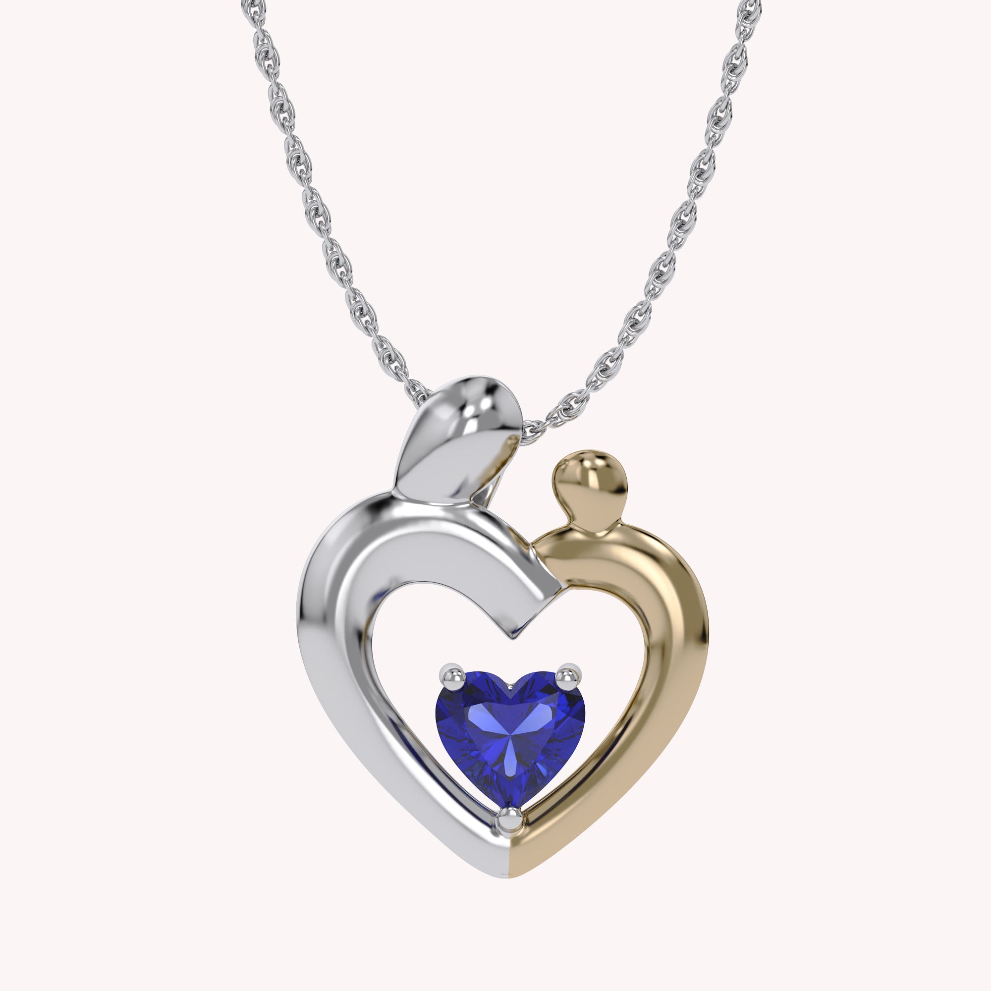 Two Tone Mom And Child Heart Pendant Necklace Sterling Silver