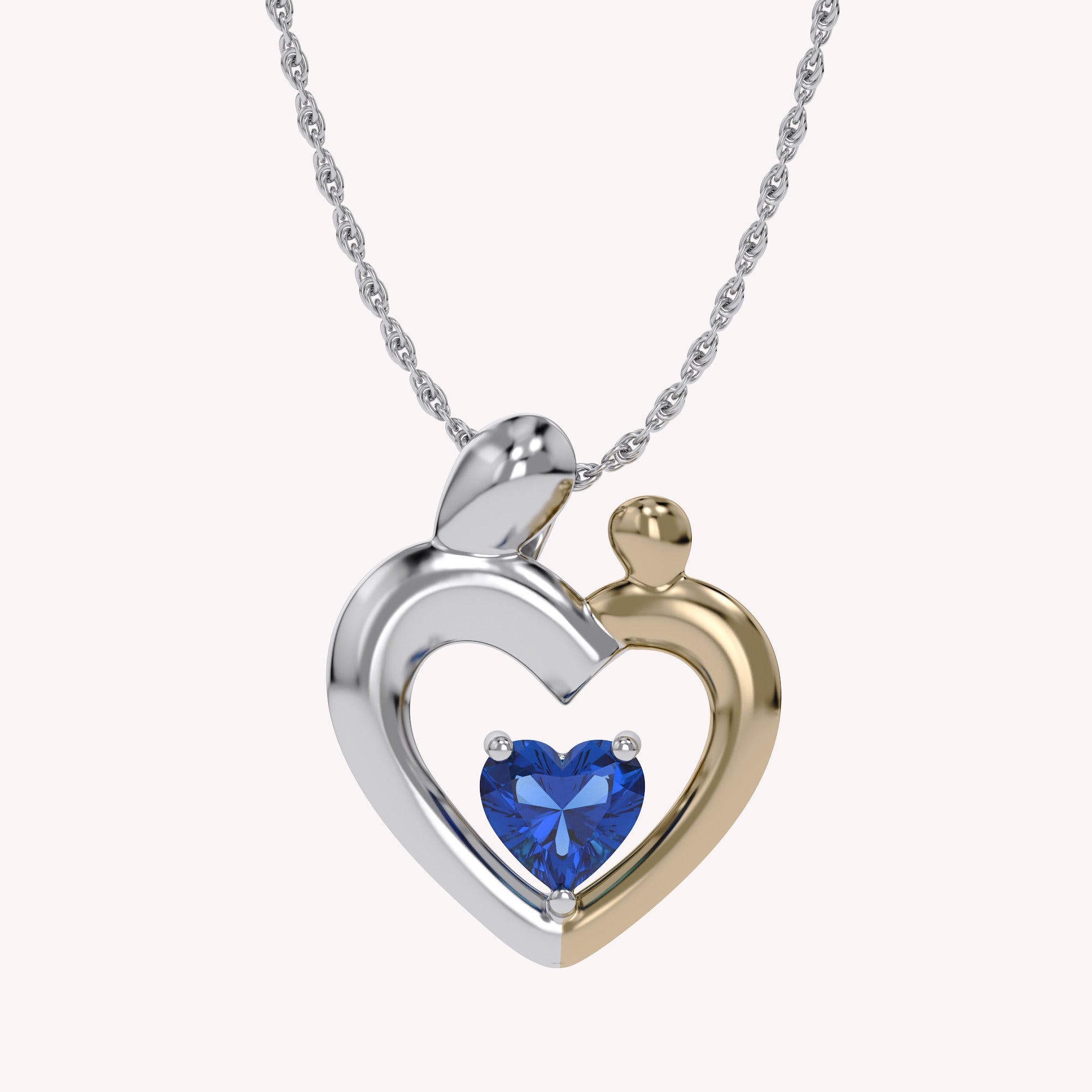 Two Tone Mom And Child Heart Pendant Necklace Sterling Silver