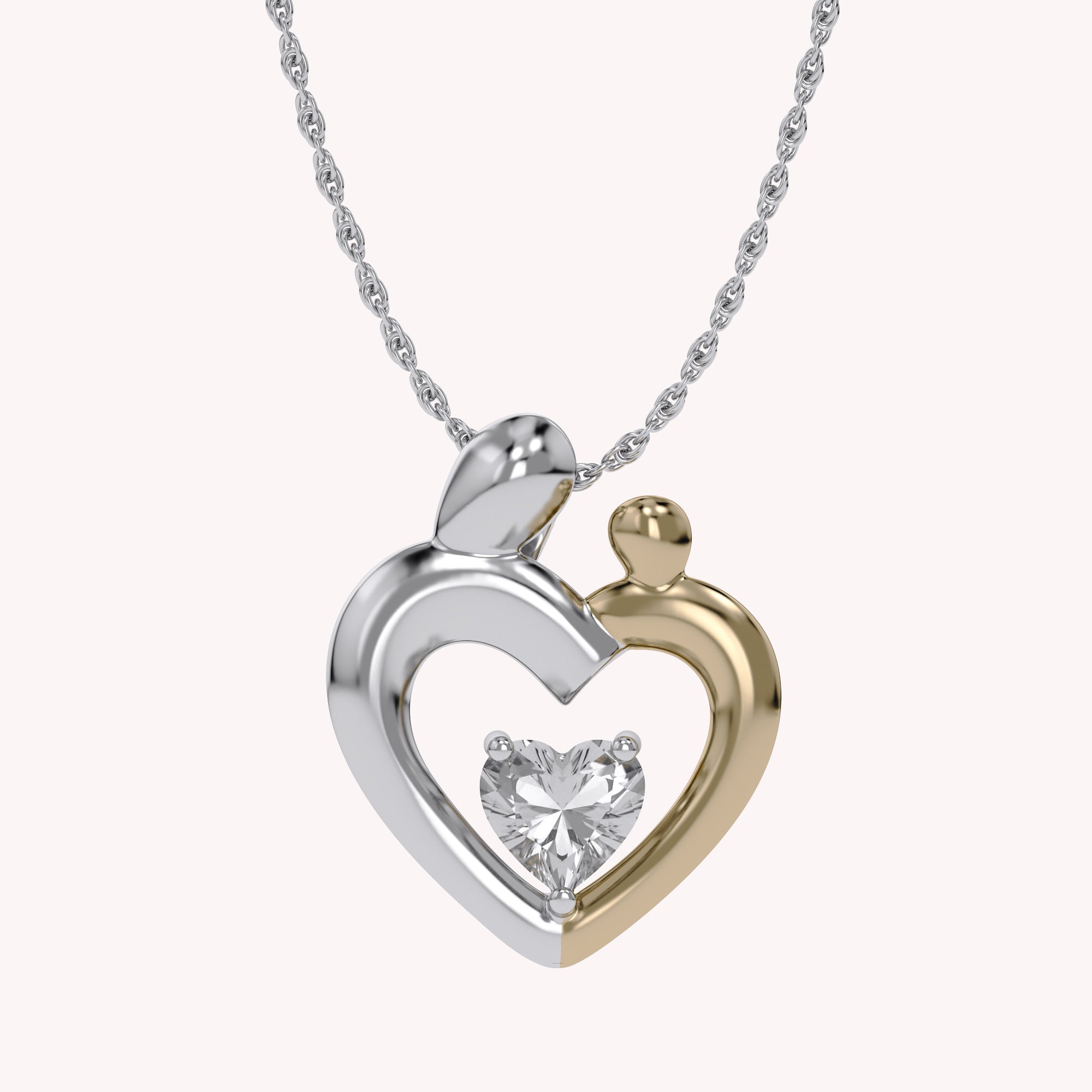 Two Tone Mom And Child Heart Pendant Necklace Sterling Silver