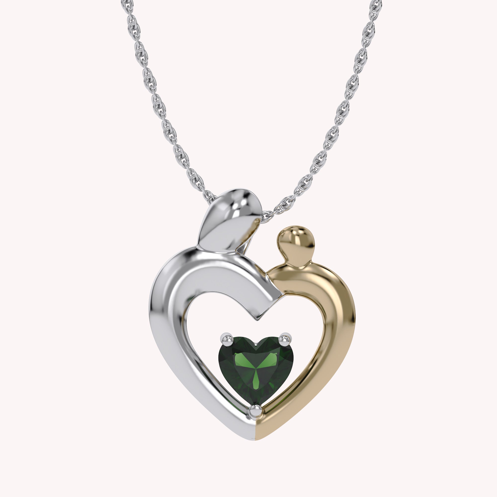 Two Tone Mom And Child Heart Pendant Necklace Sterling Silver