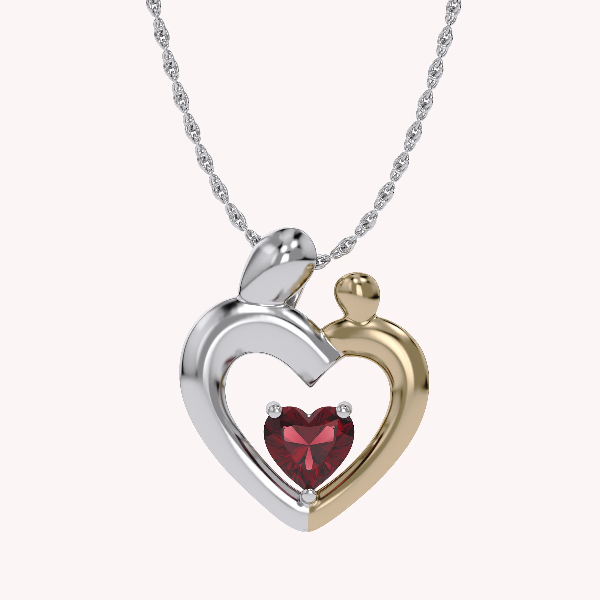 Two Tone Mom And Child Heart Pendant Necklace Sterling Silver