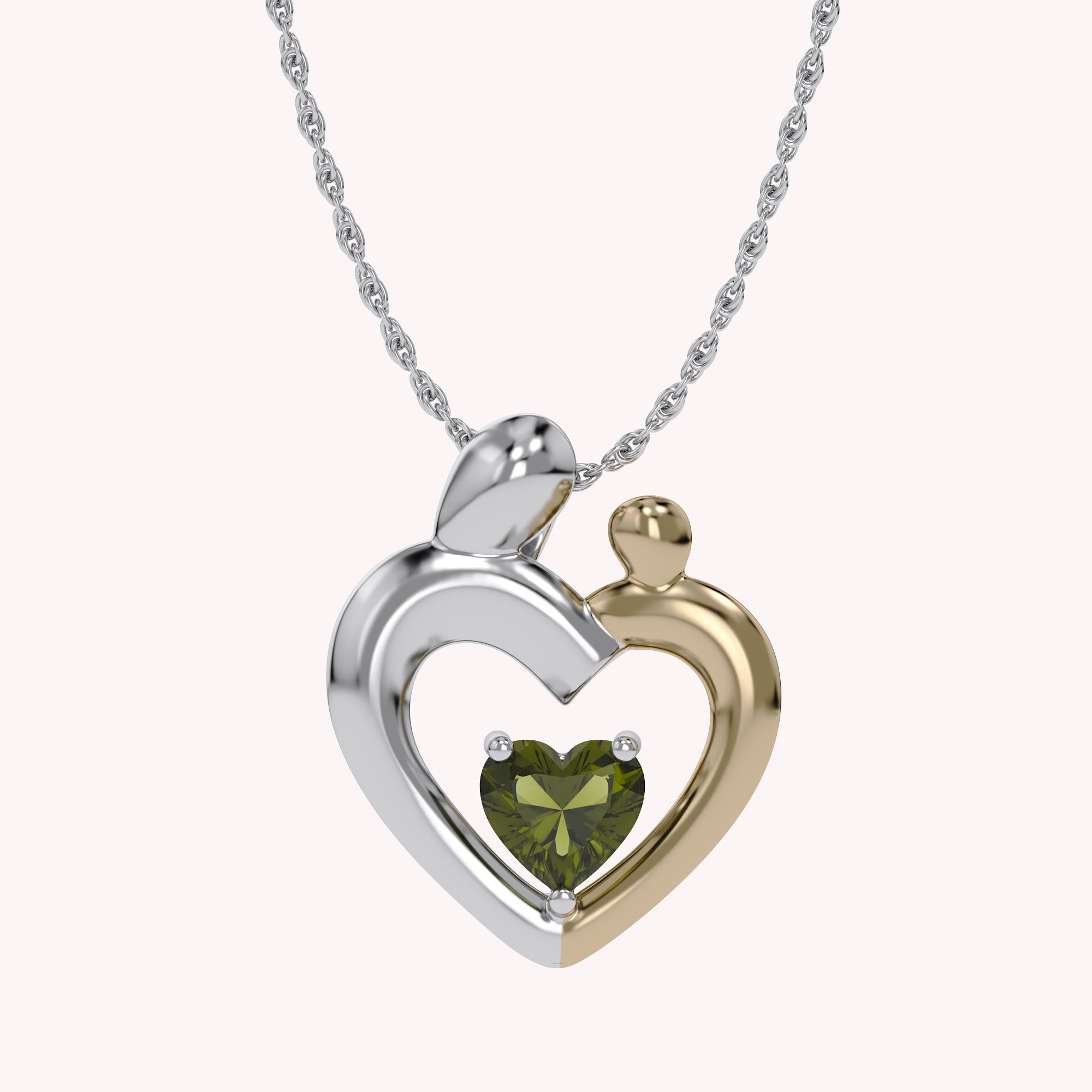 Two Tone Mom And Child Heart Pendant Necklace Sterling Silver
