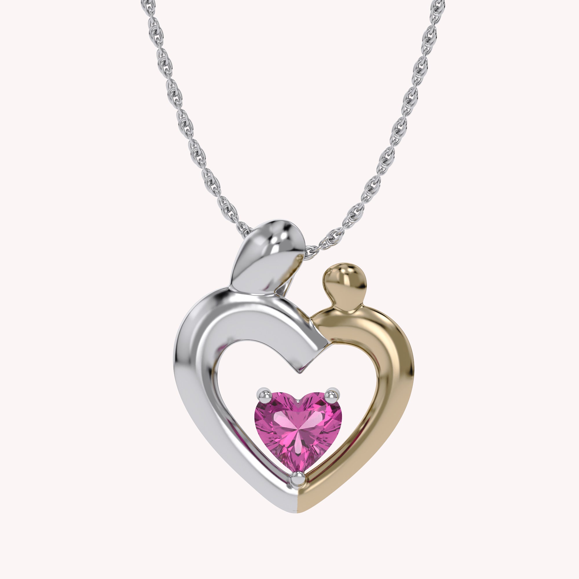 Two Tone Mom And Child Heart Pendant Necklace Sterling Silver
