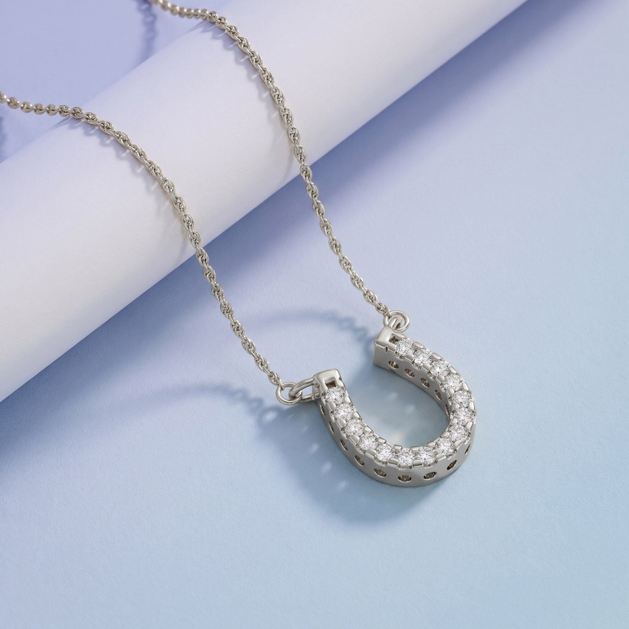 Horseshoe Natural Diamond Pendant Necklace Sterling Silver