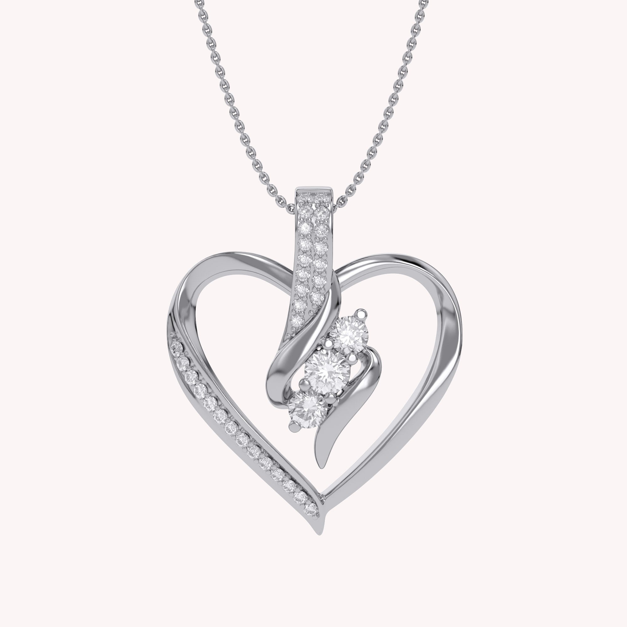 3 Stone Swirl Heart Natural Diamond Pendant Necklace