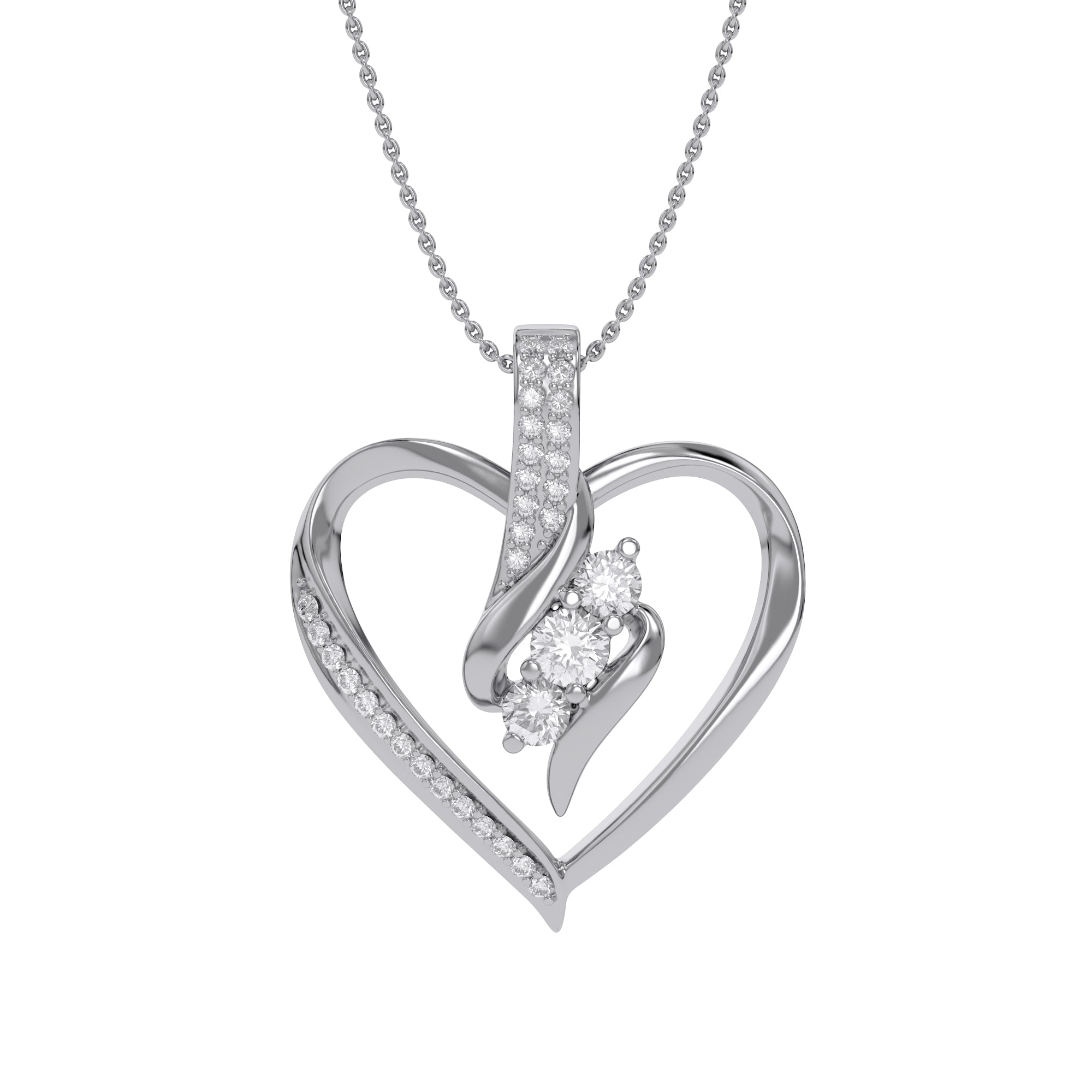 3 Stone Swirl Heart Natural Diamond Pendant Necklace