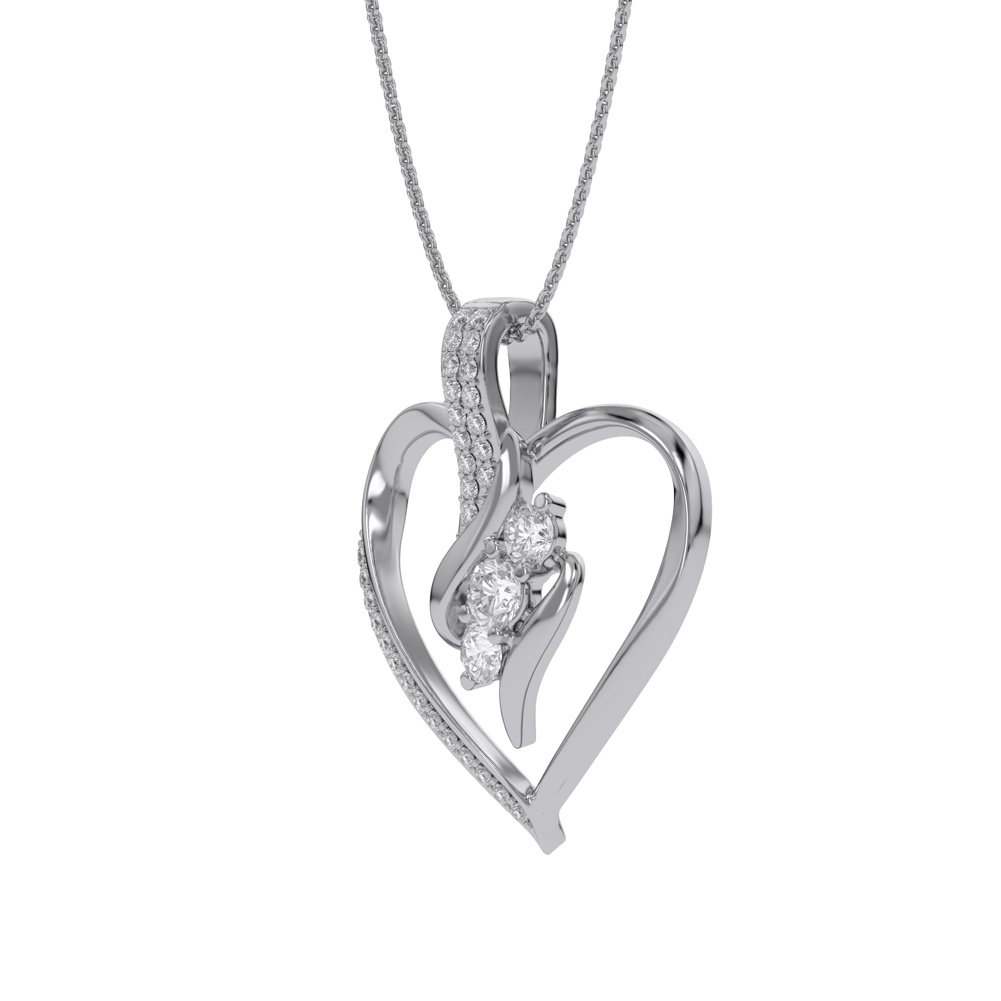 3 Stone Swirl Heart Natural Diamond Pendant Necklace