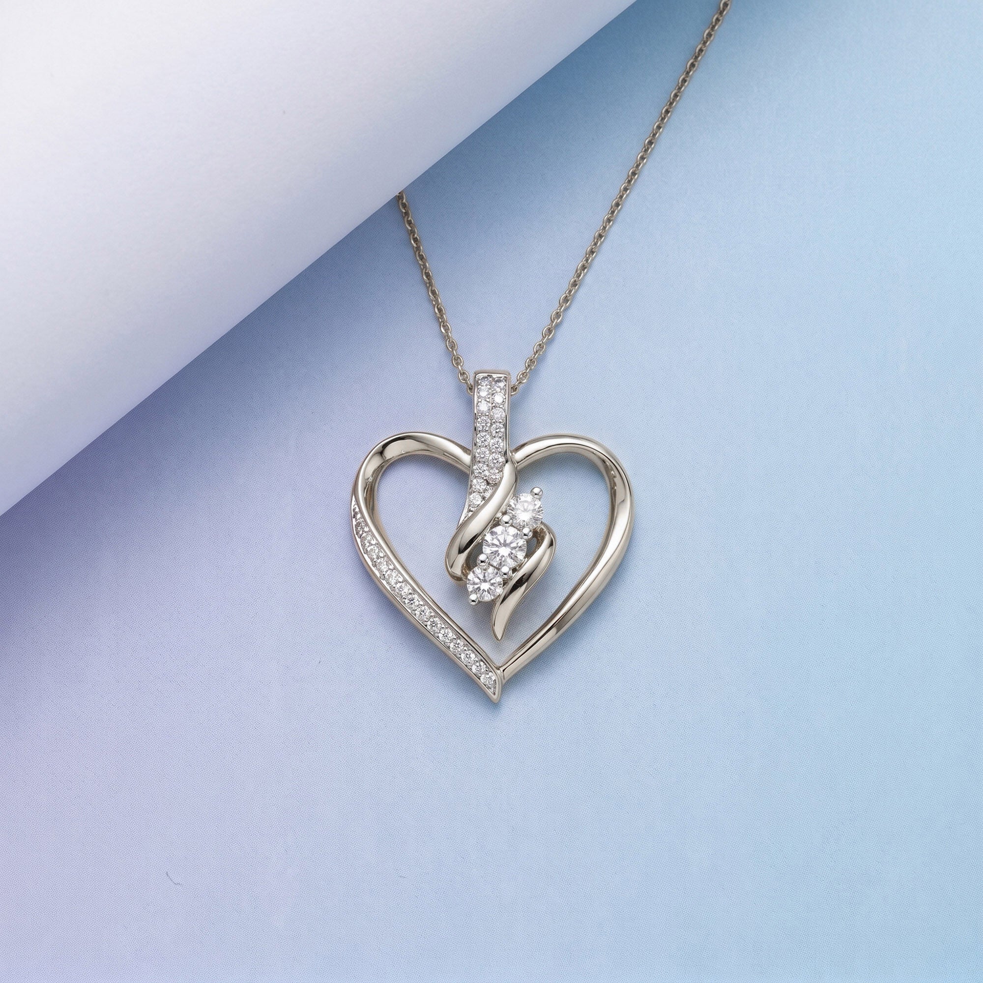 3 Stone Swirl Heart Natural Diamond Pendant Necklace