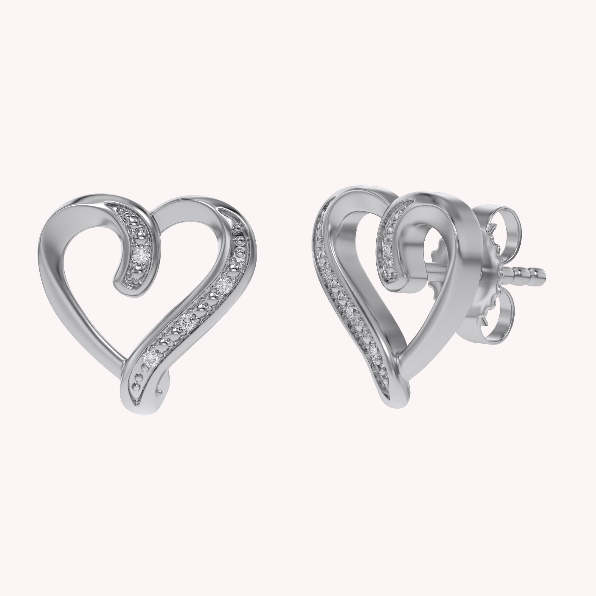 Heart Stud Sterling Silver Natural Diamond Earrings