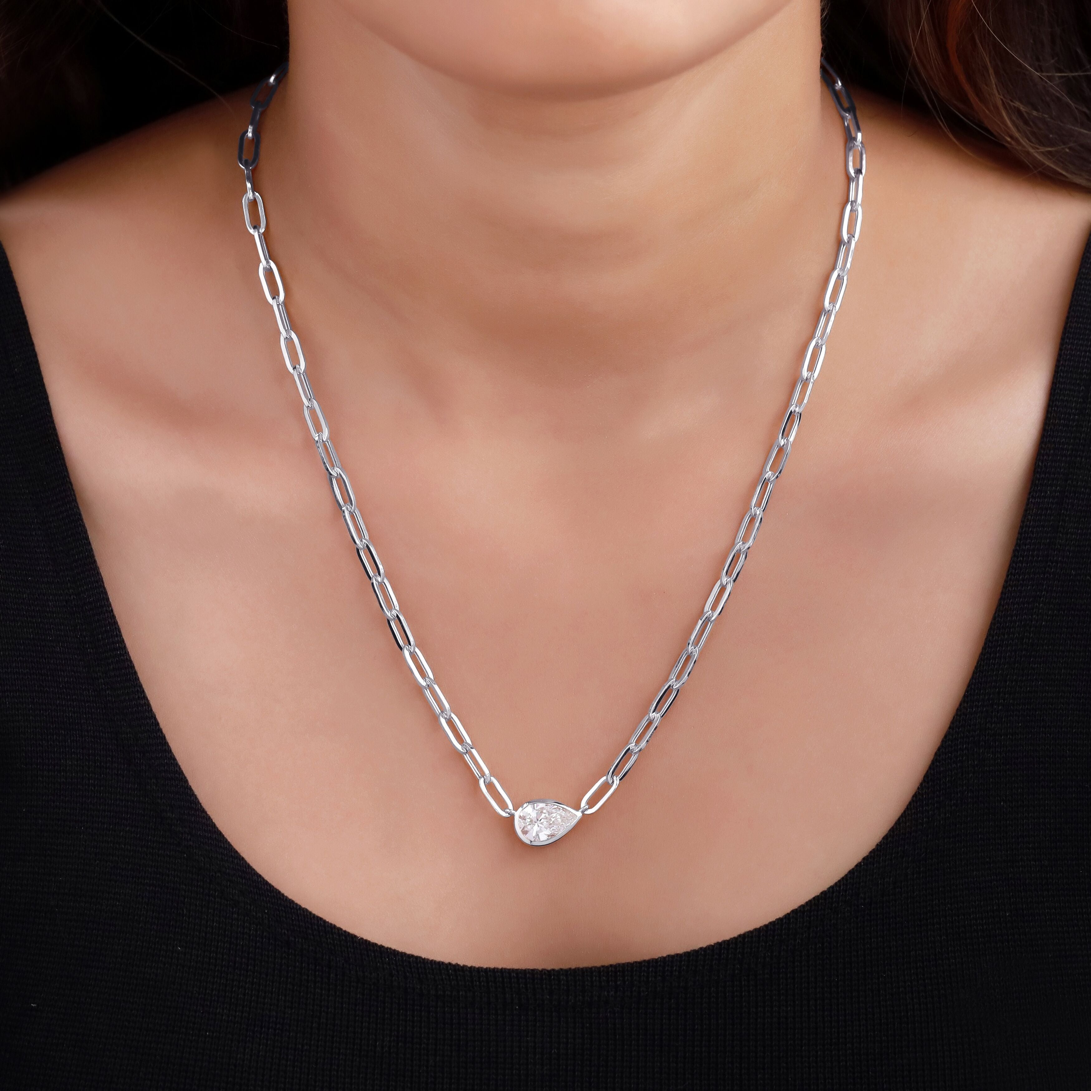 Solitaire Link Chain Necklace Lab Grown Diamond Necklace 16"+2" Extender