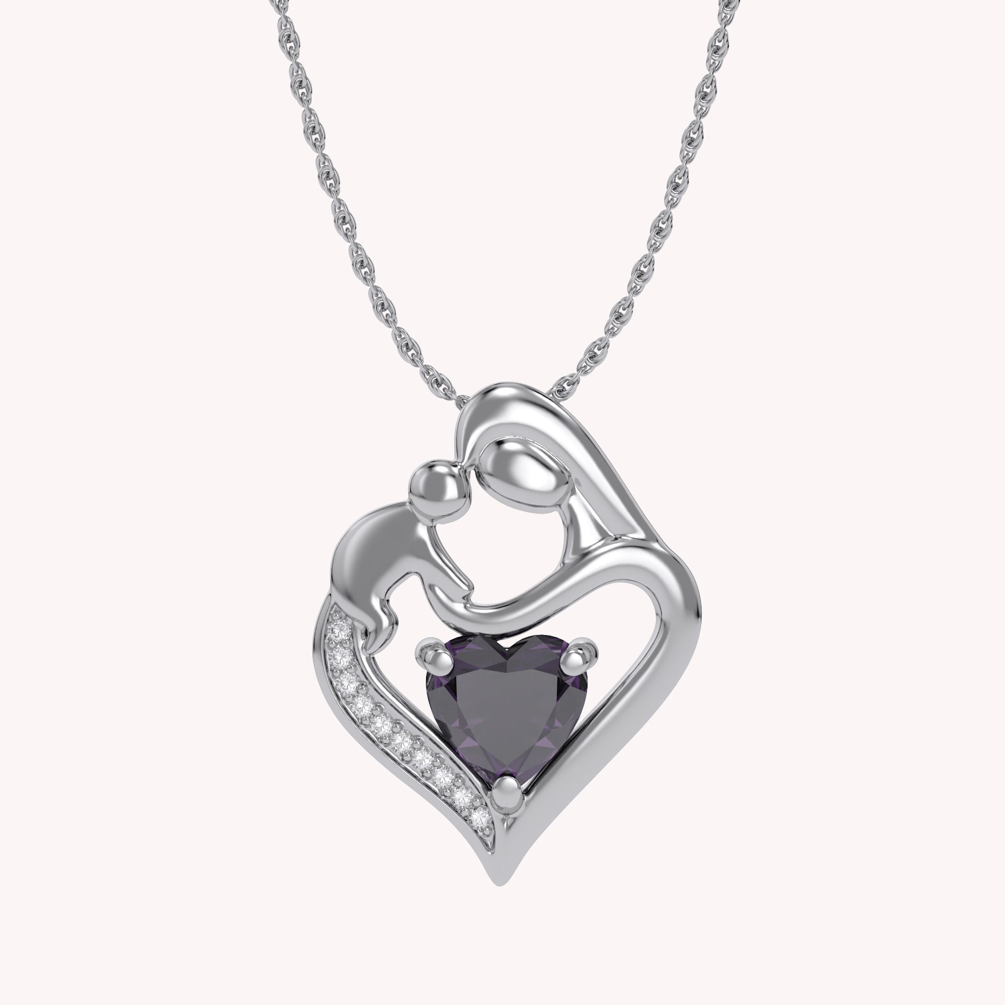 Mom And Child Heart Pendant Necklace Sterling Silver