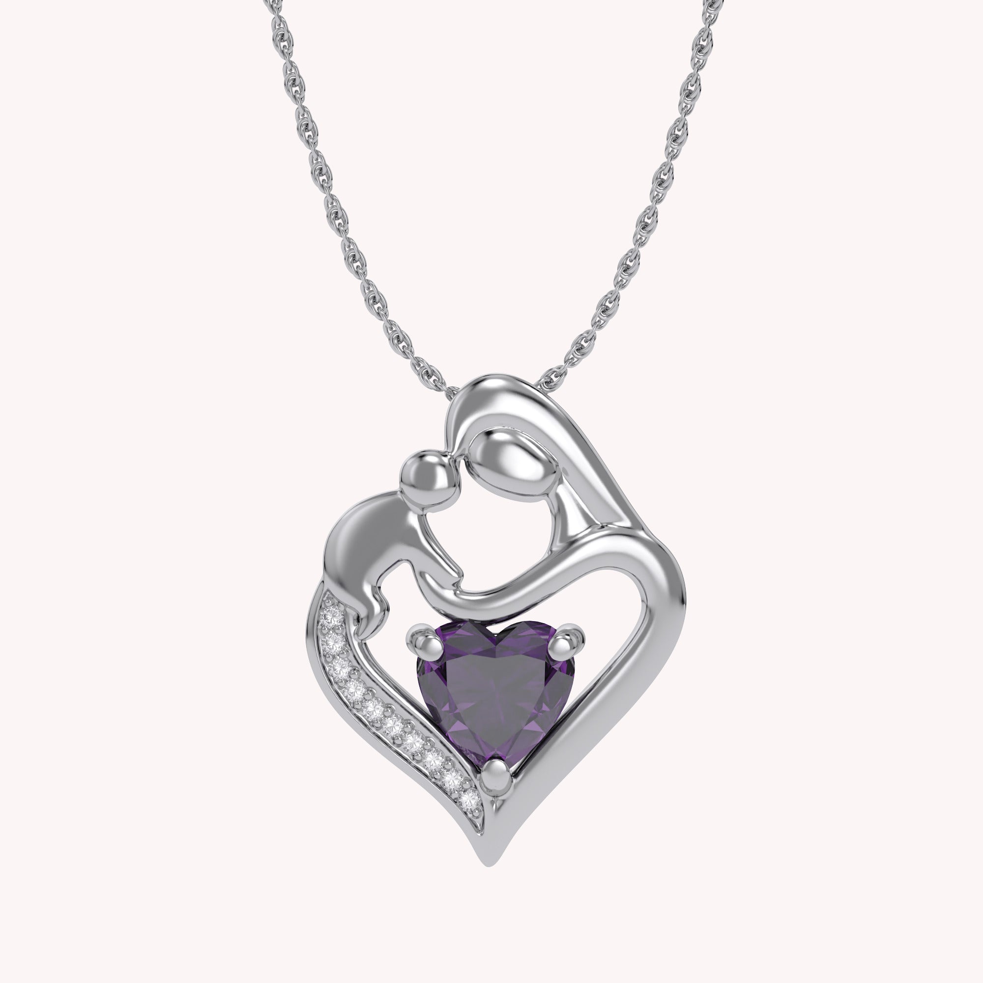 Mom And Child Heart Pendant Necklace Sterling Silver