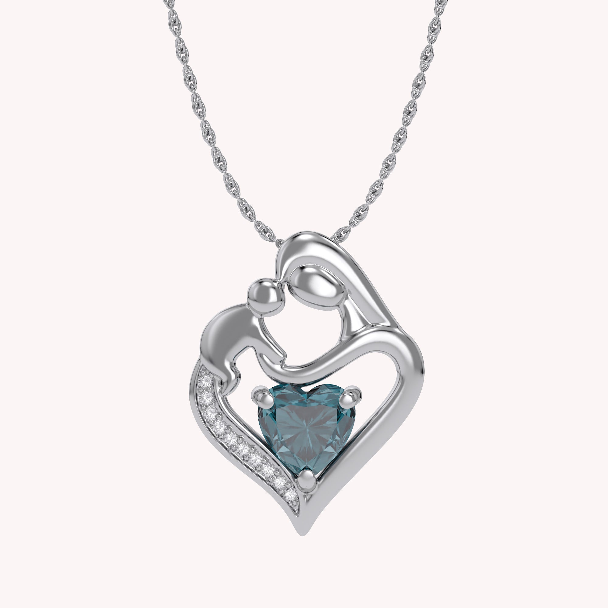Mom And Child Heart Pendant Necklace Sterling Silver