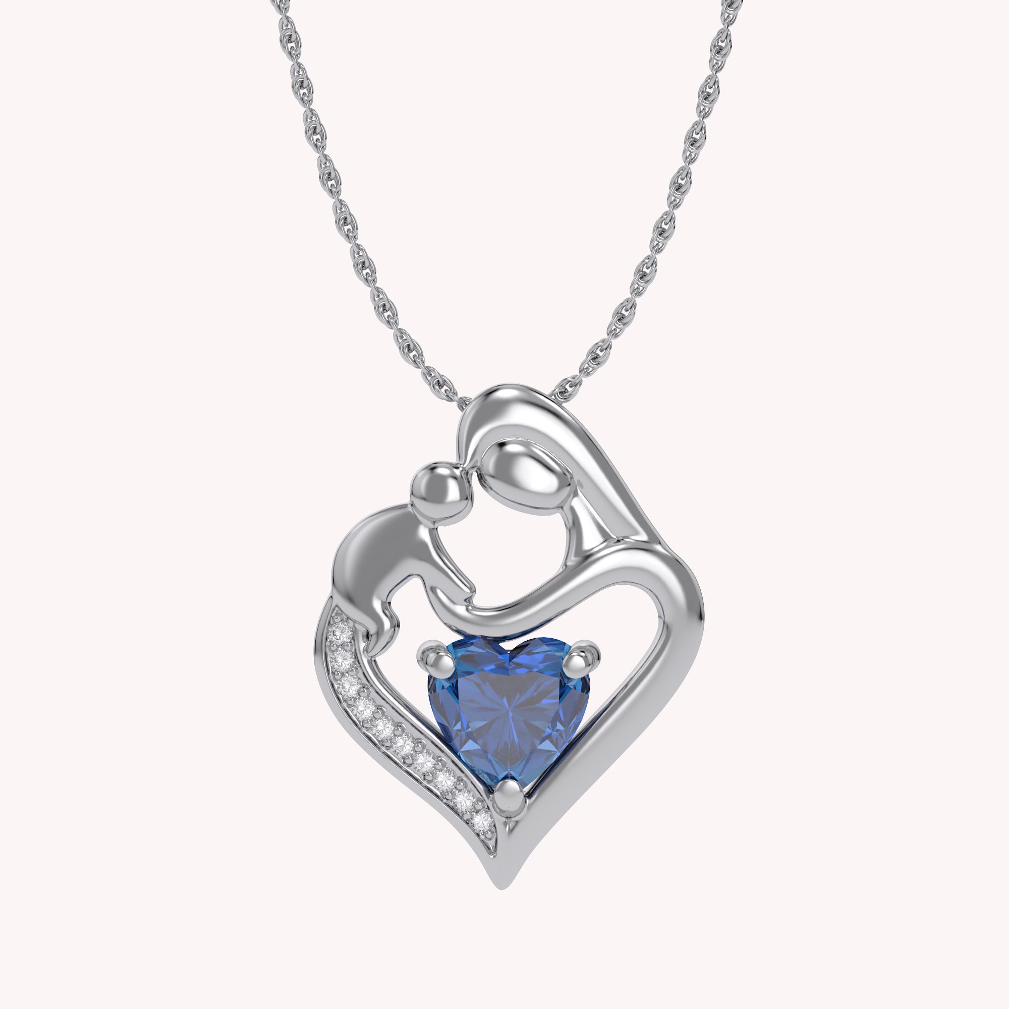 Mom And Child Heart Pendant Necklace Sterling Silver