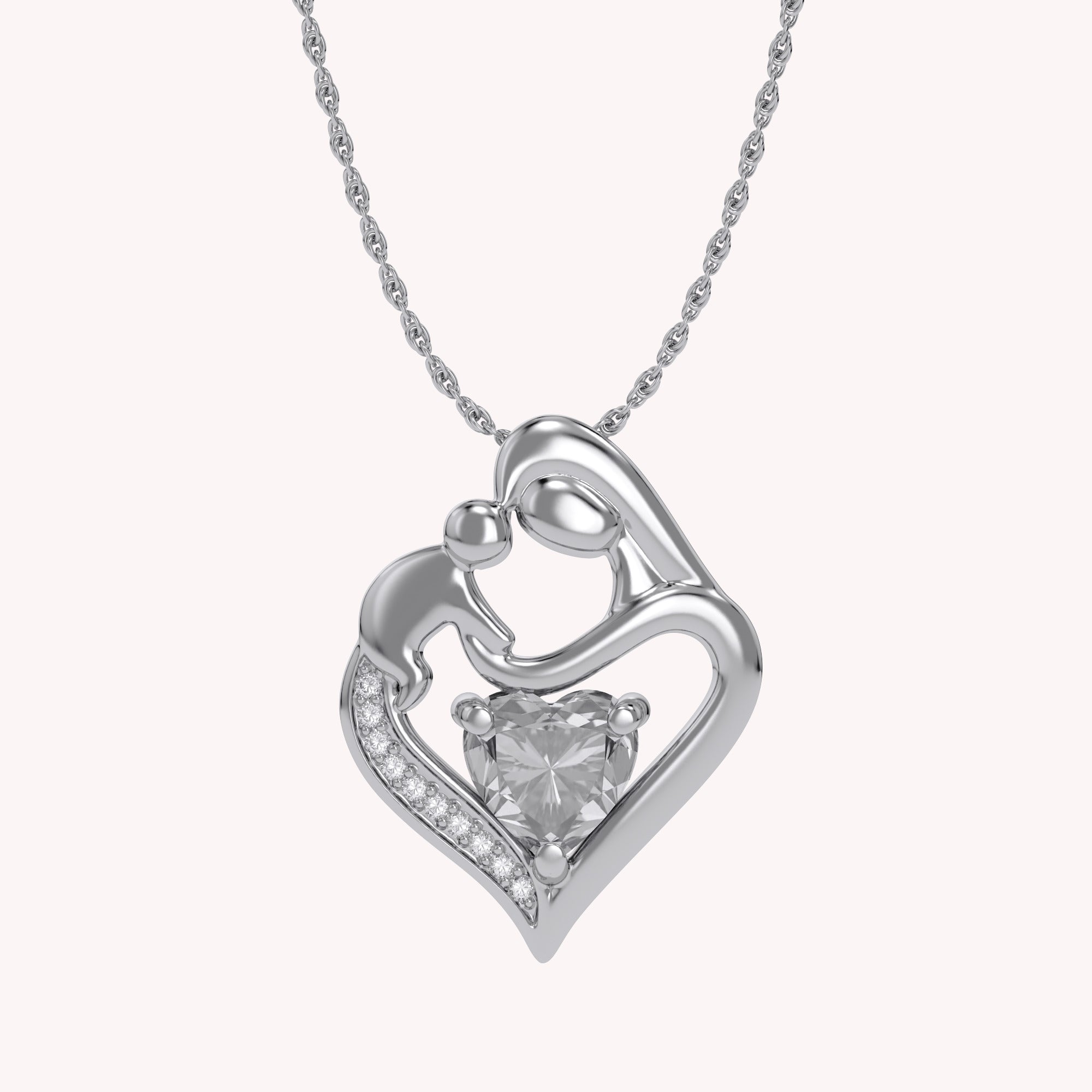Mom And Child Heart Pendant Necklace Sterling Silver