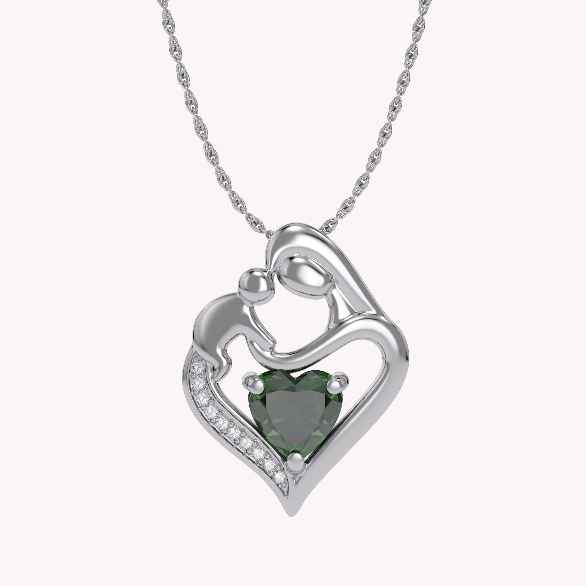 Mom And Child Heart Pendant Necklace Sterling Silver
