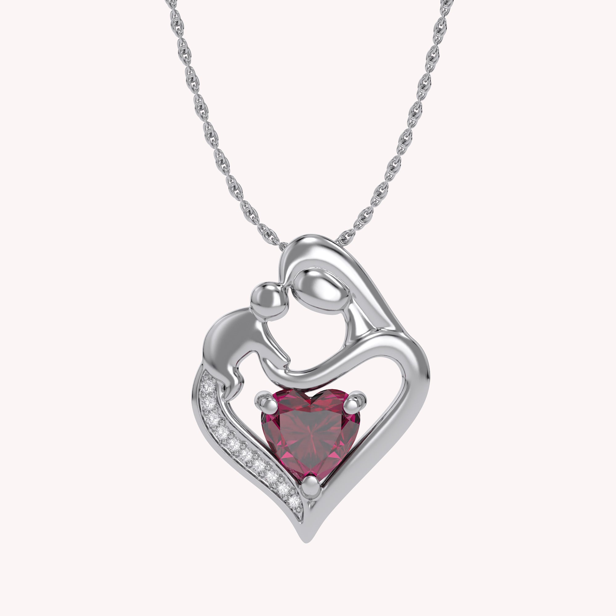 Mom And Child Heart Pendant Necklace Sterling Silver