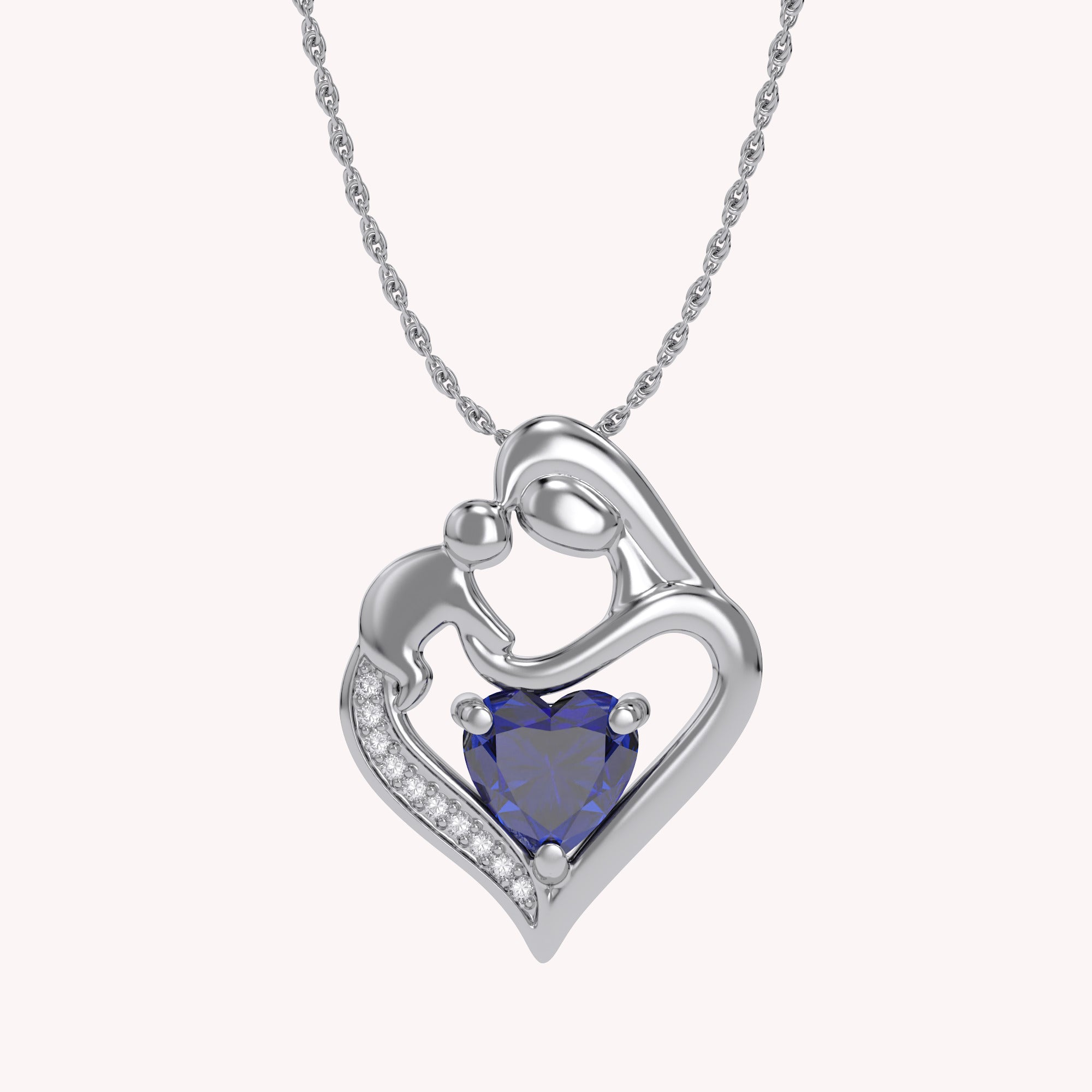 Mom And Child Heart Pendant Necklace Sterling Silver