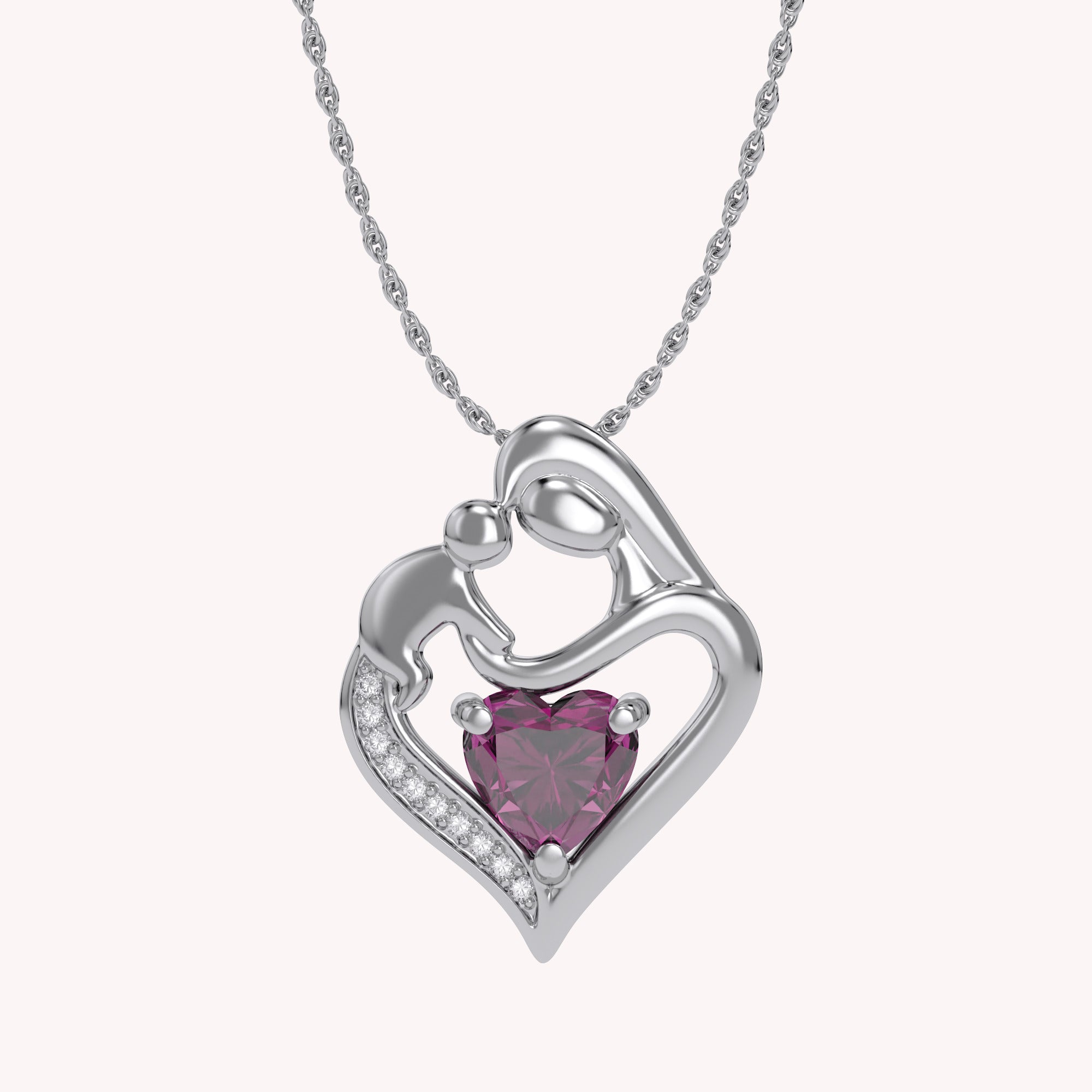Mom And Child Heart Pendant Necklace Sterling Silver