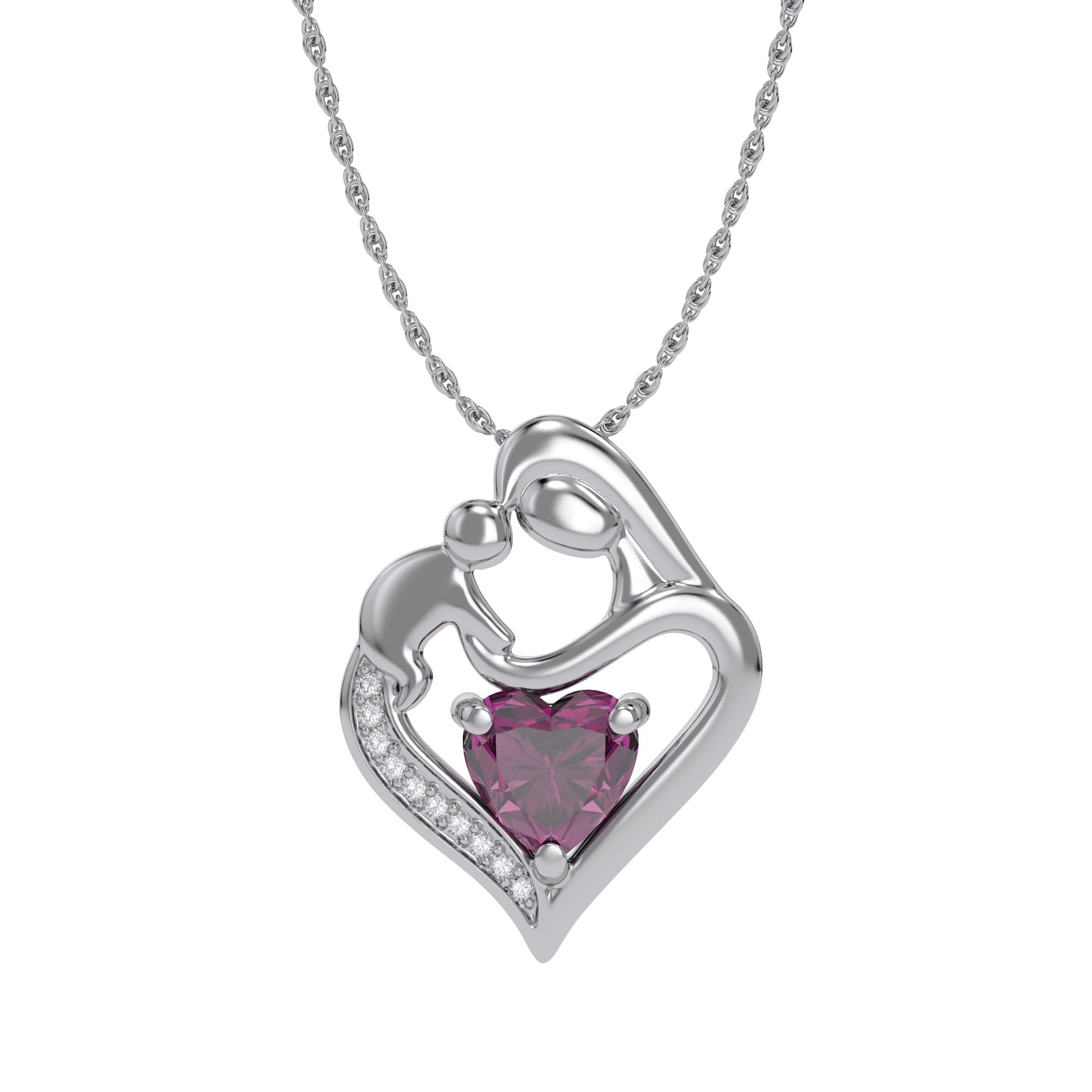 Mom And Child Heart Pendant Necklace Sterling Silver