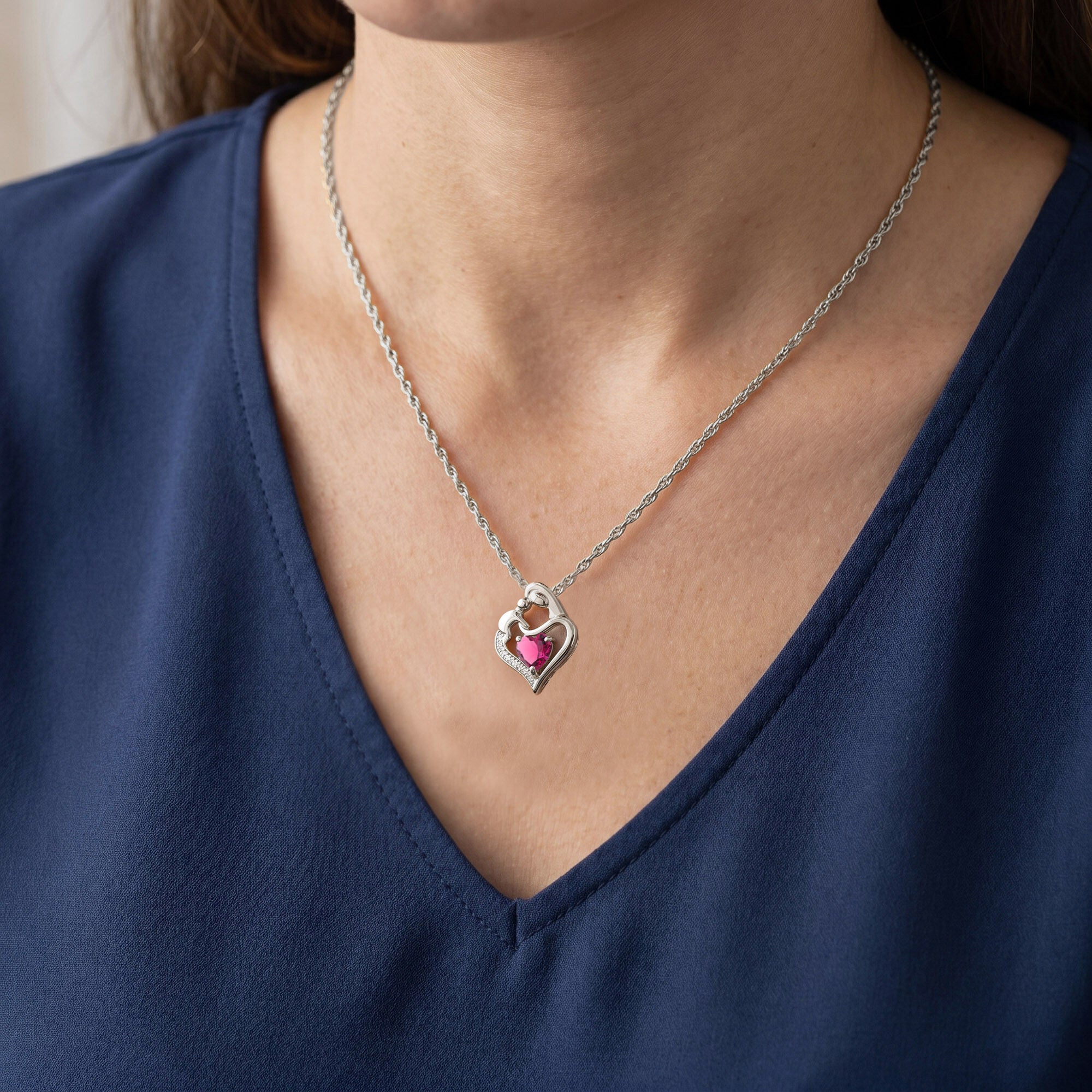 Mom And Child Heart Pendant Necklace Sterling Silver